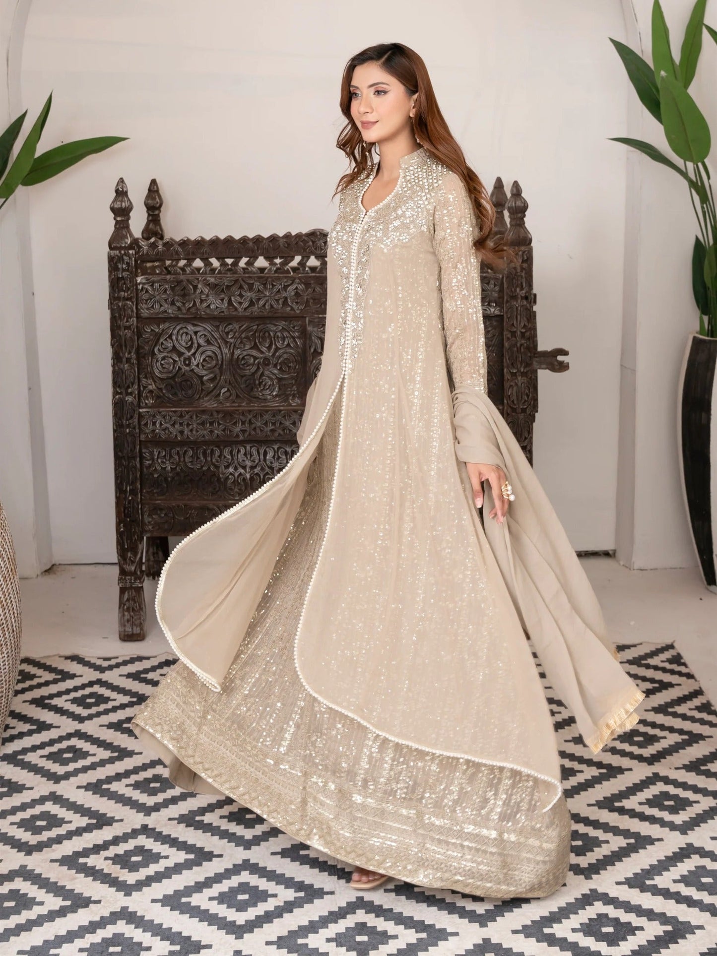 Beige Manahil Arts Chiffon Embellished Stitched 3-Piece Suit-SW 04-Beige