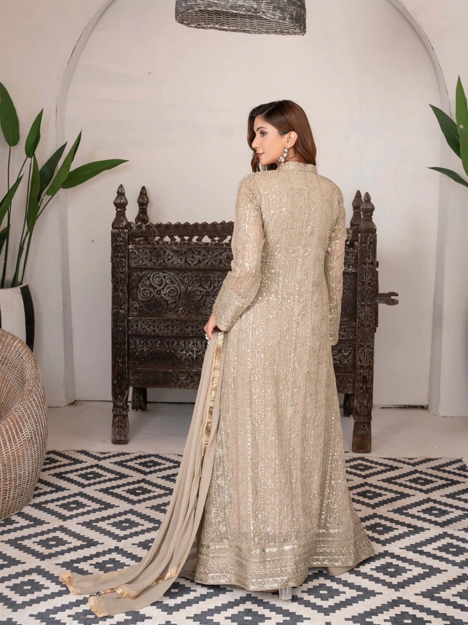 Beige Manahil Arts Chiffon Embellished Stitched 3-Piece Suit-SW 04-Beige