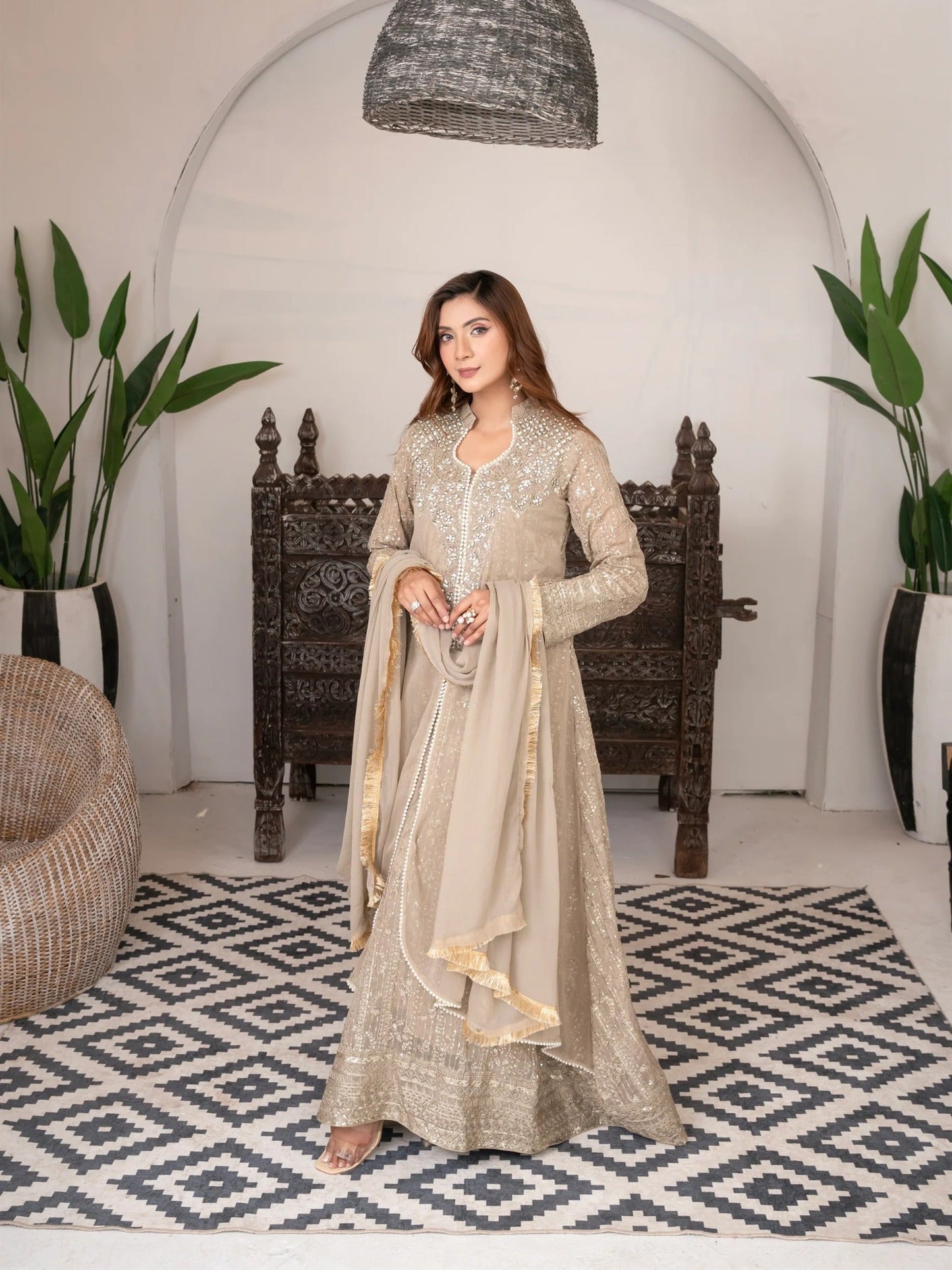 Beige Manahil Arts Chiffon Embellished Stitched 3-Piece Suit-SW 04-Beige