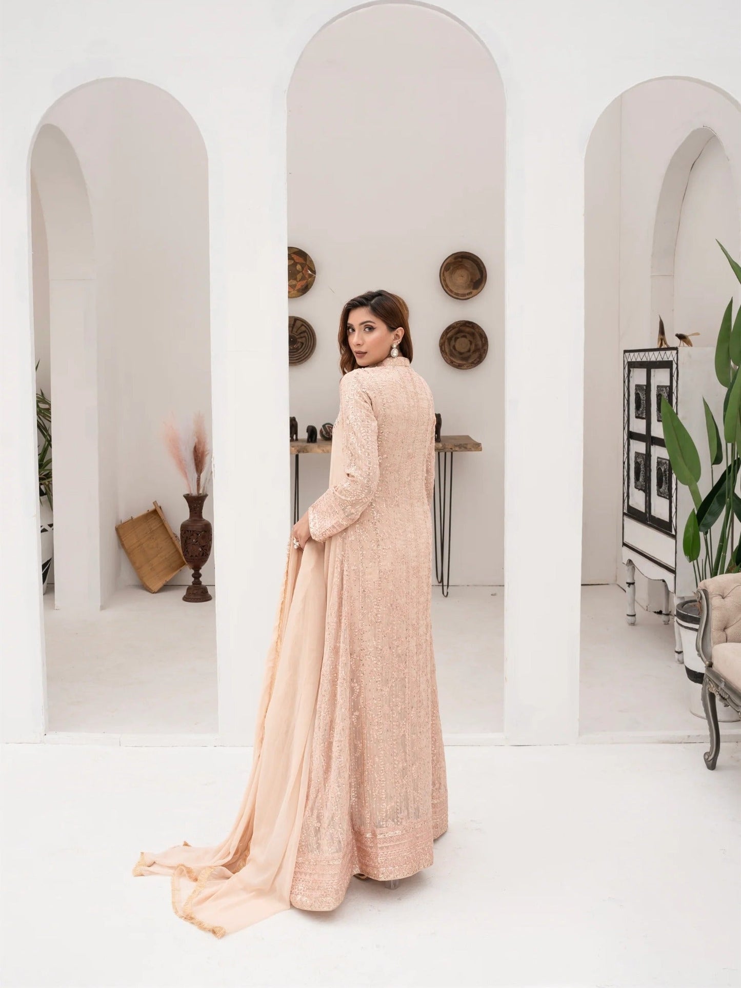 Peach Manahil Arts Chiffon Embellished Stitched 3-Piece Suit-SW 04-Peach