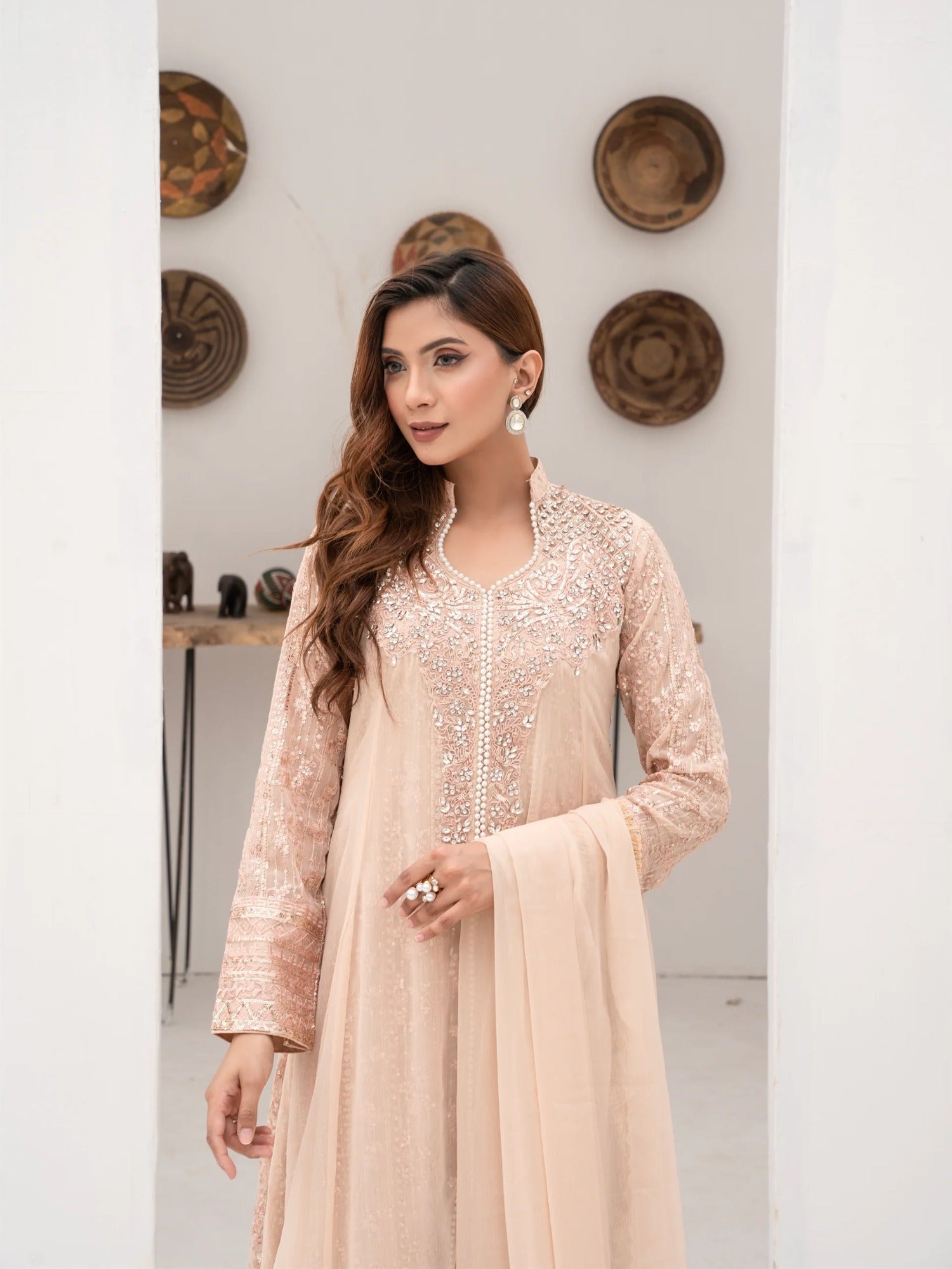 Peach Manahil Arts Chiffon Embellished Stitched 3-Piece Suit-SW 04-Peach