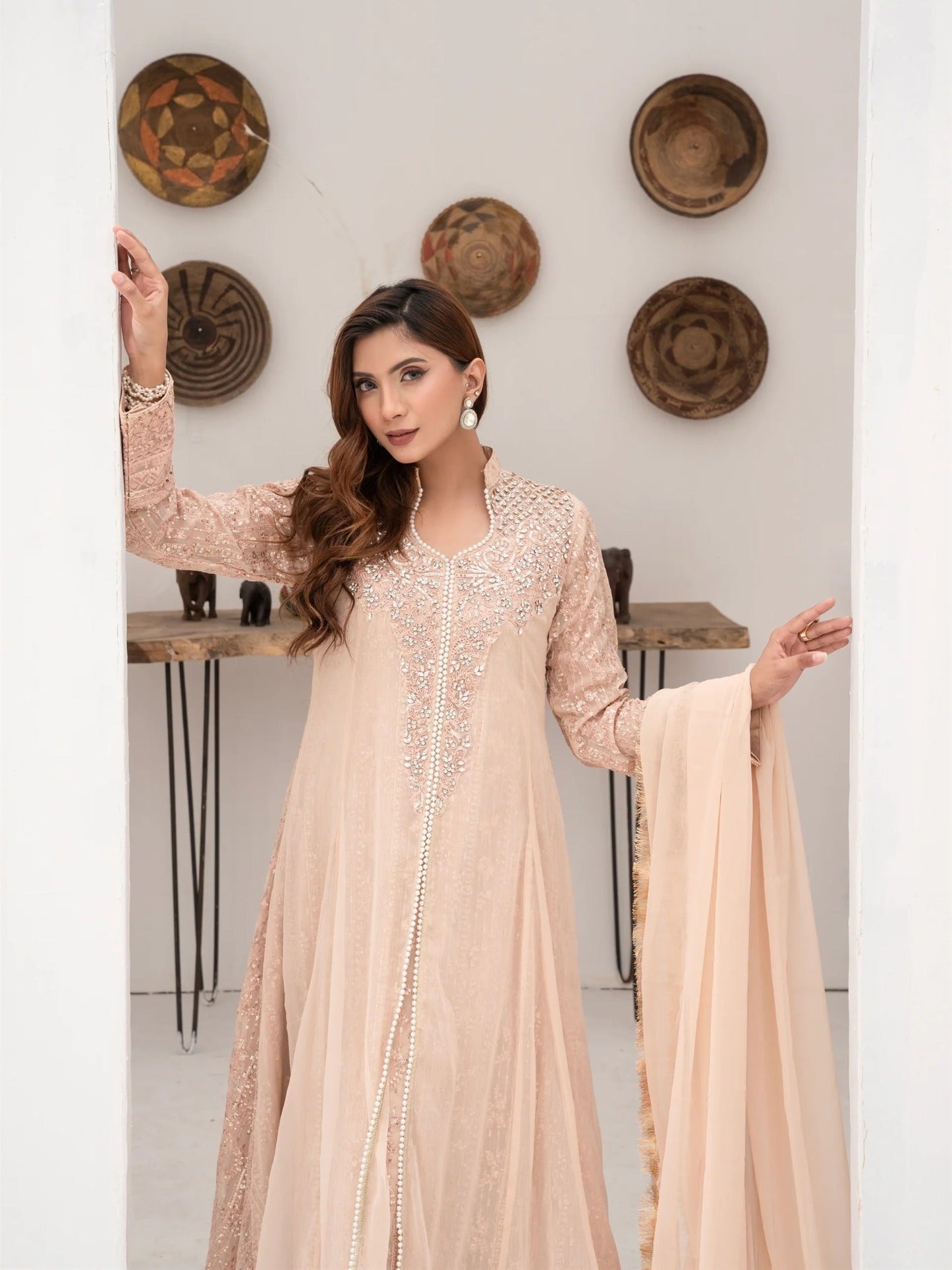 Peach Manahil Arts Chiffon Embellished Stitched 3-Piece Suit-SW 04-Peach