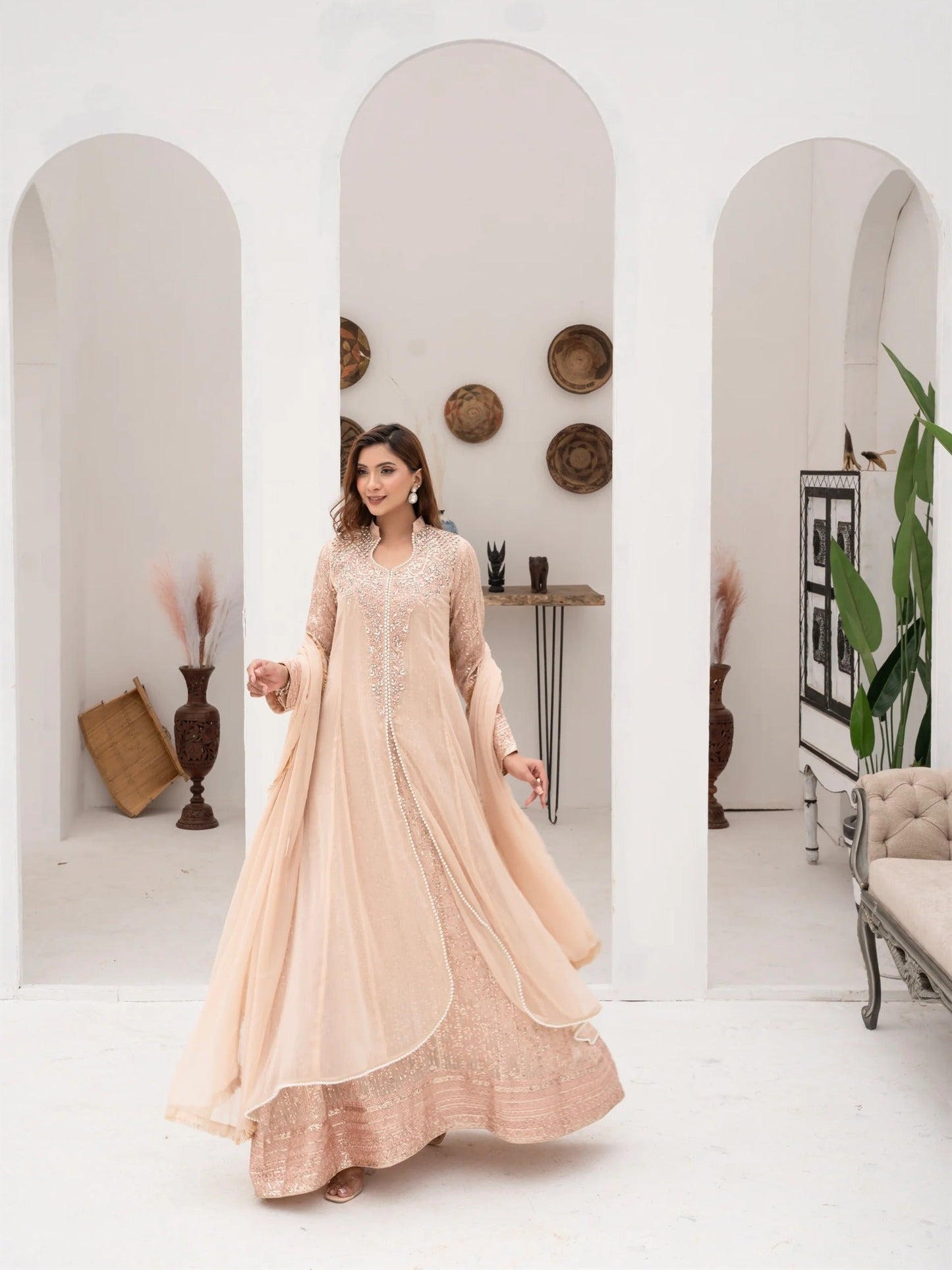 Peach Manahil Arts Chiffon Embellished Stitched 3-Piece Suit-SW 04-Peach