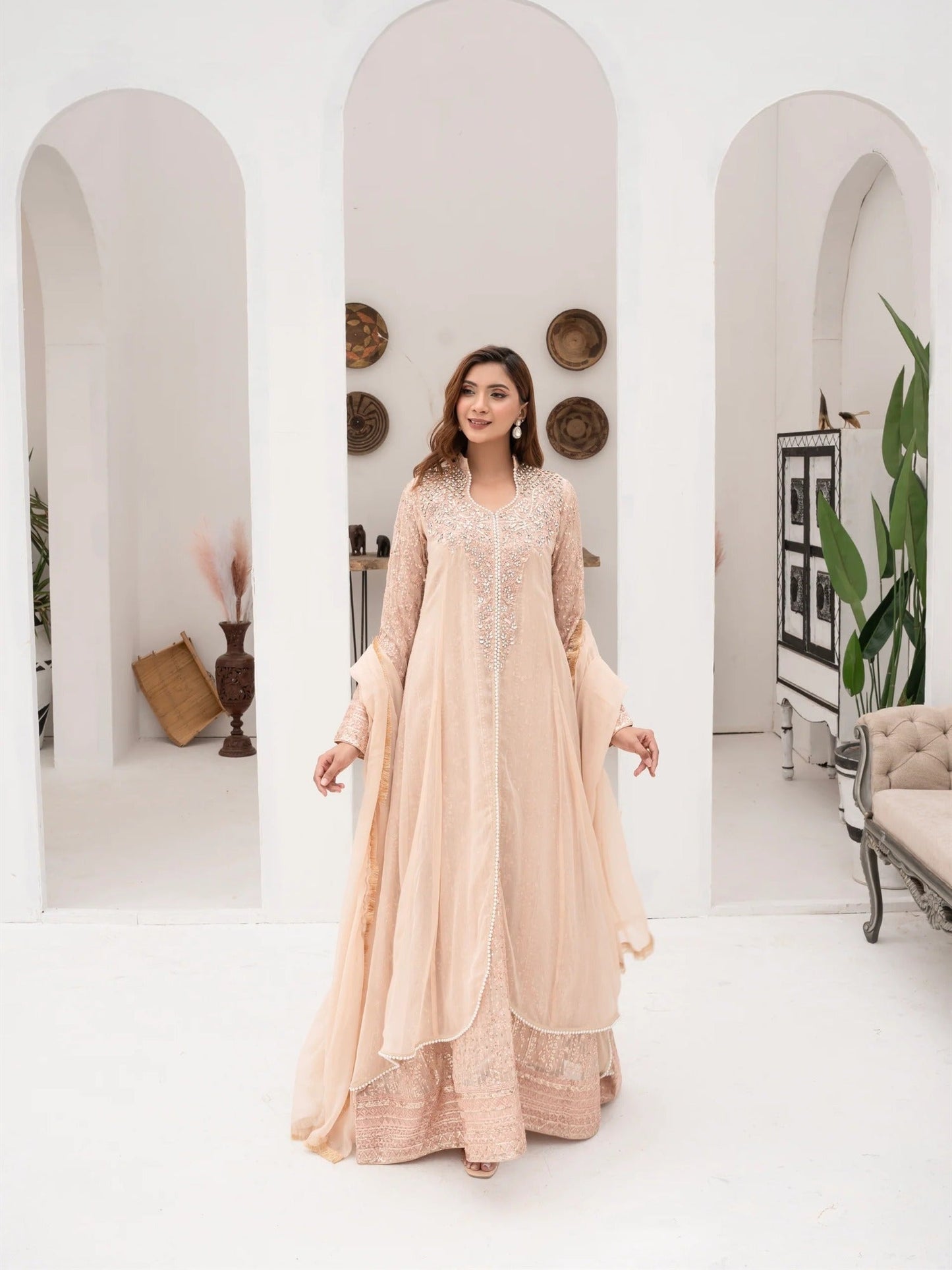 Peach Manahil Arts Chiffon Embellished Stitched 3-Piece Suit-SW 04-Peach