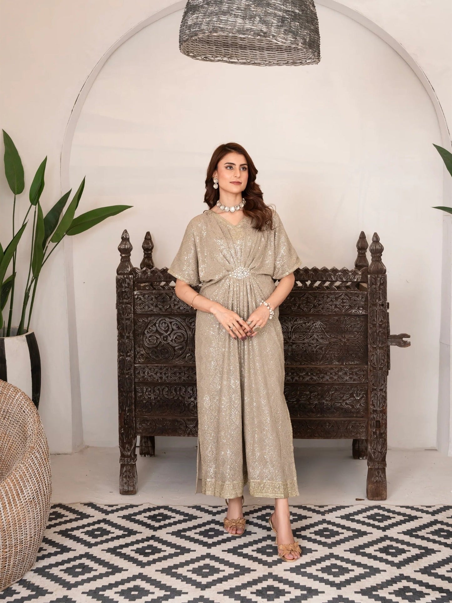 Beige Manahil Arts Chiffon Embroidered Kaftan Set-WA 03-Beige