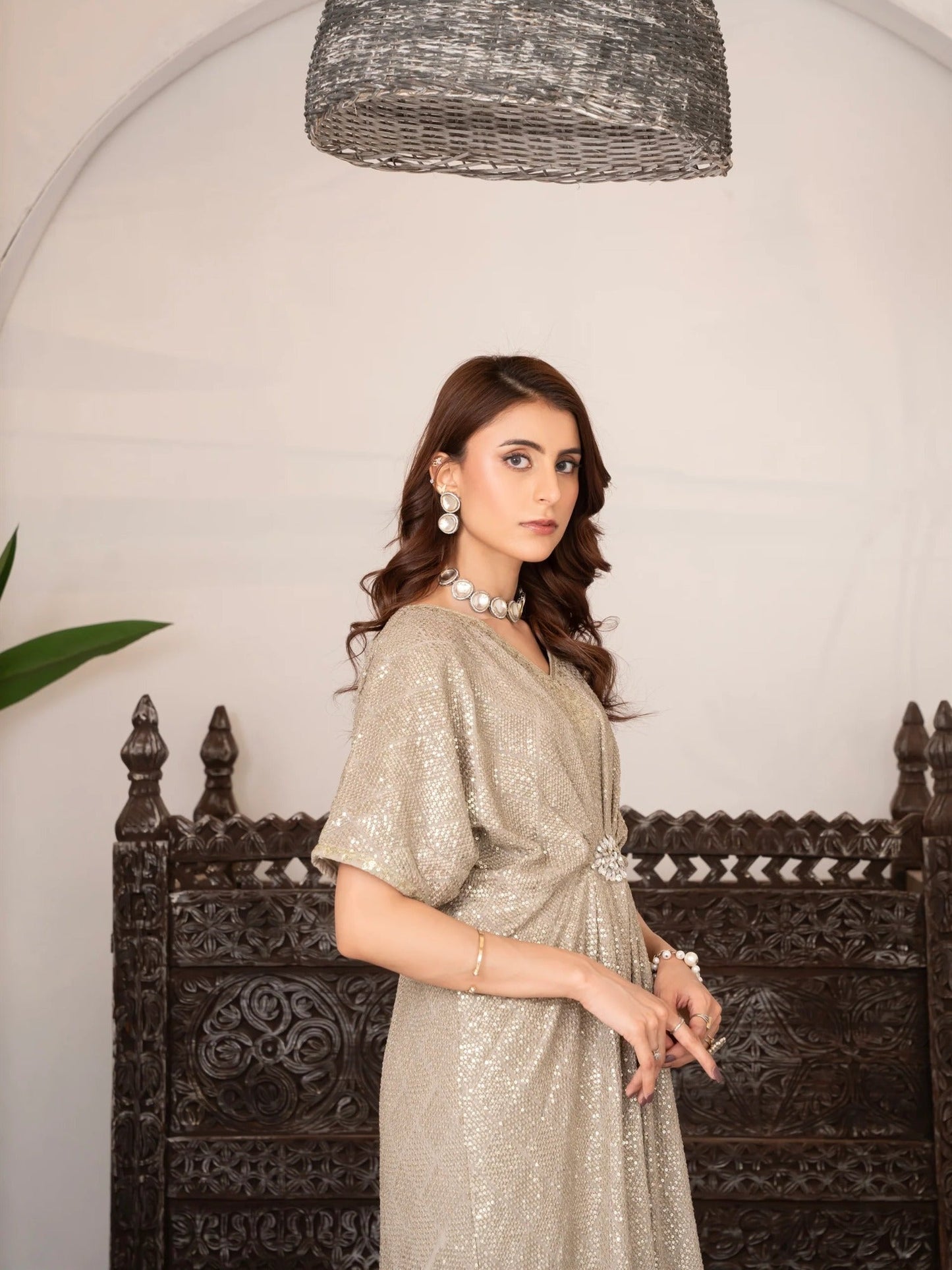Beige Manahil Arts Chiffon Embroidered Kaftan Set-WA 03-Beige