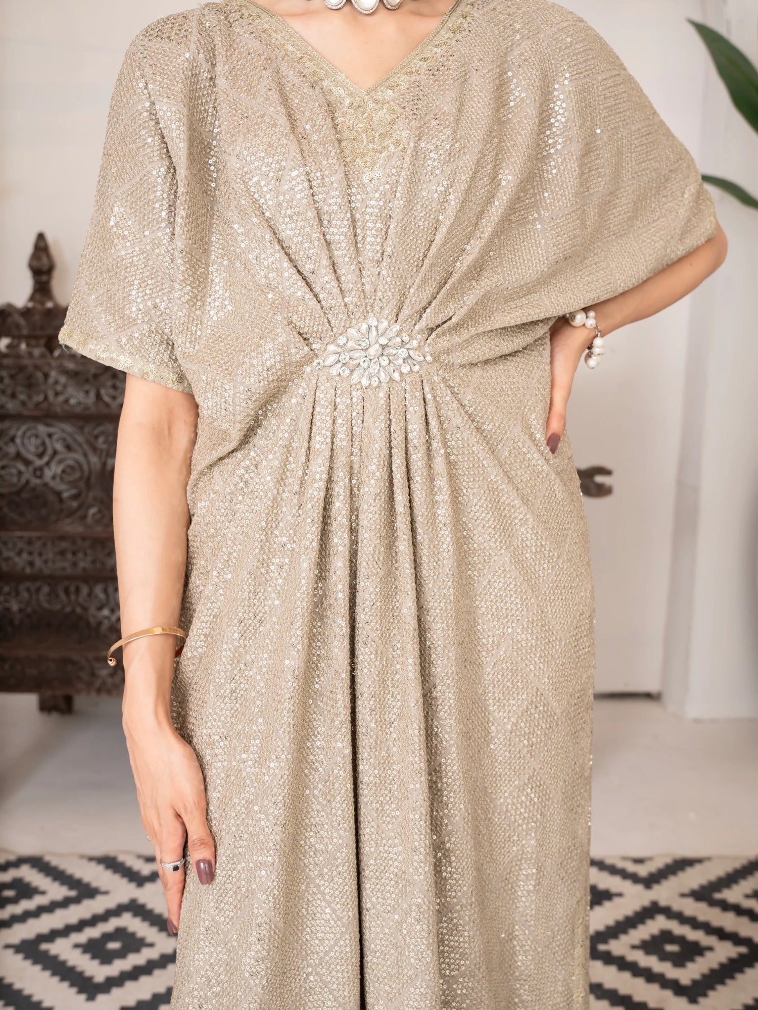 Beige Manahil Arts Chiffon Embroidered Kaftan Set-WA 03-Beige