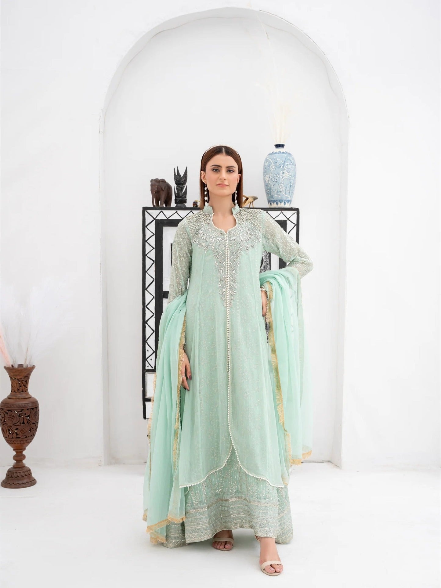 Green Manahil Arts Chiffon Embellished Stitched 3-Piece Suit-SW 04-Pastel Green