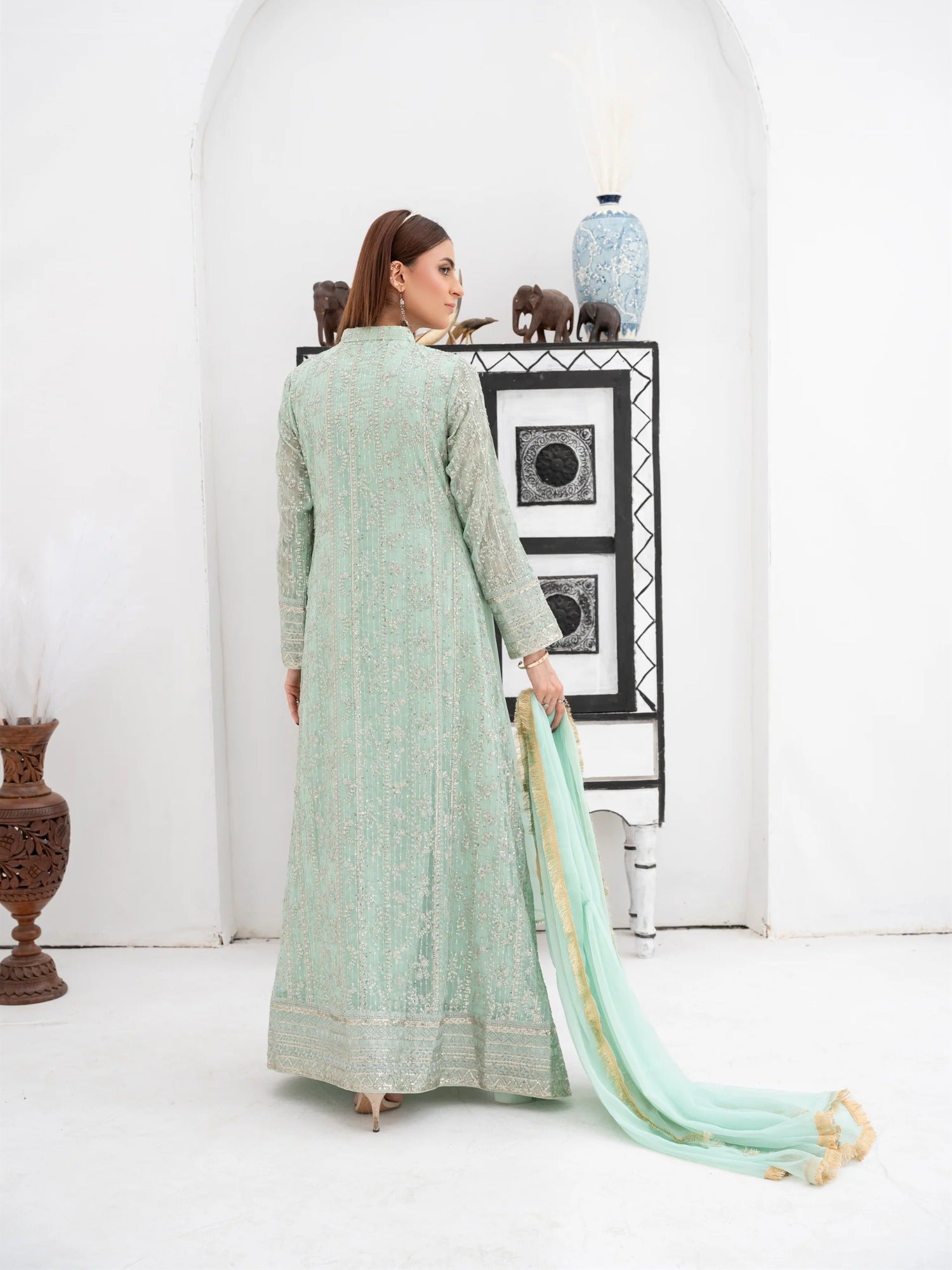 Green Manahil Arts Chiffon Embellished Stitched 3-Piece Suit-SW 04-Pastel Green