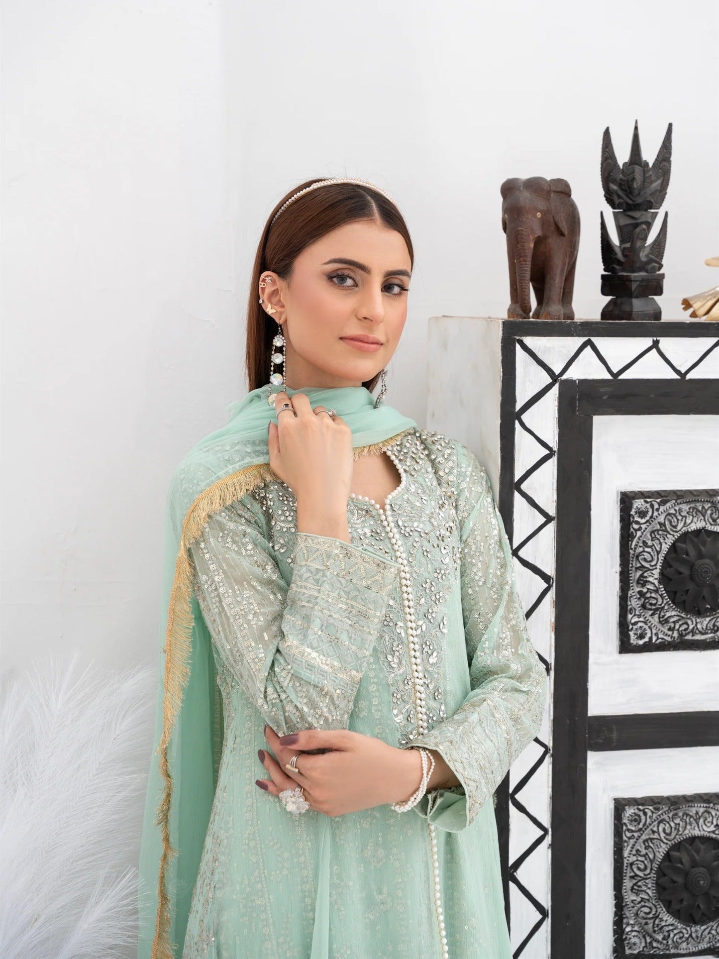 Green Manahil Arts Chiffon Embellished Stitched 3-Piece Suit-SW 04-Pastel Green