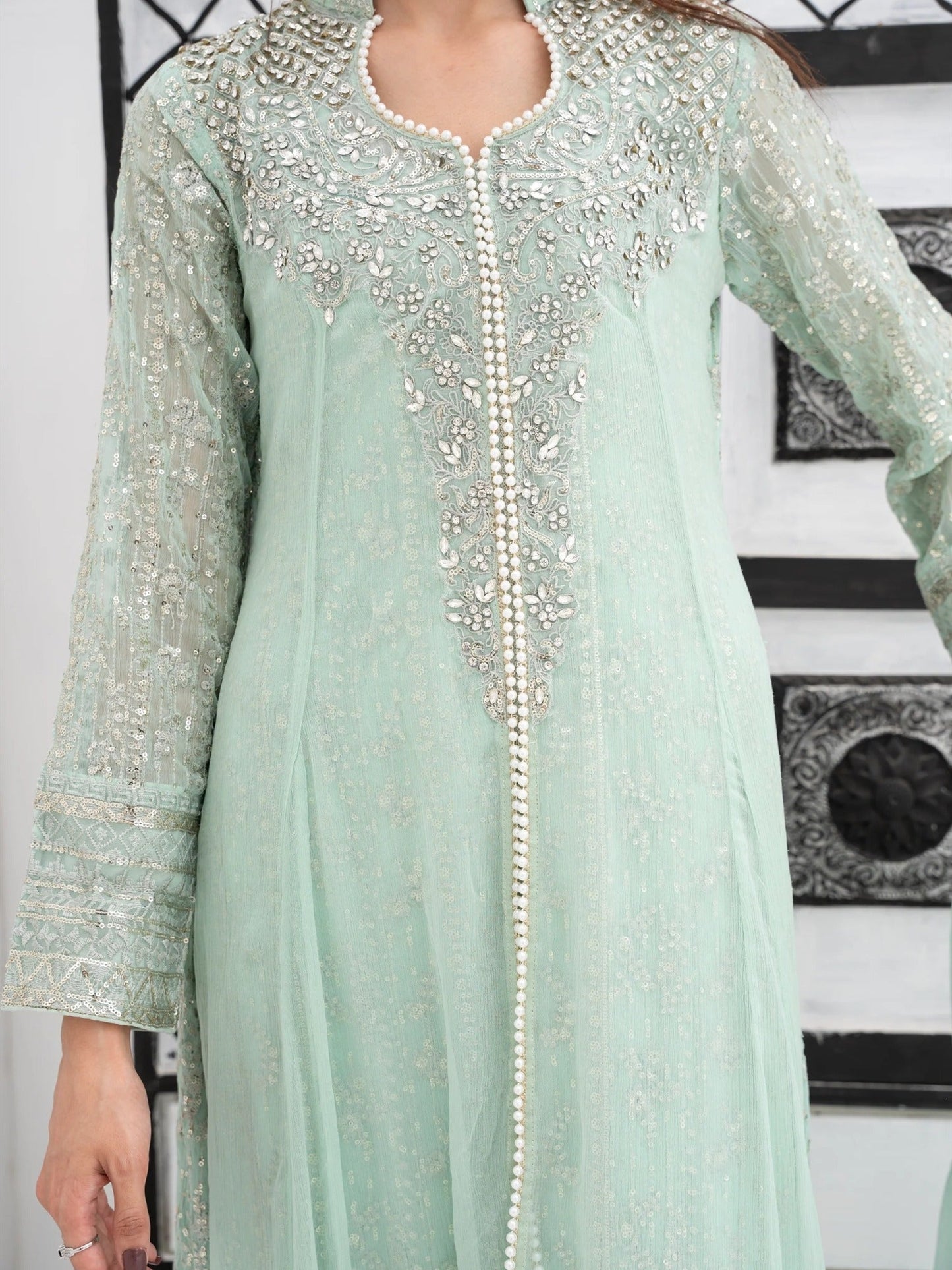 Green Manahil Arts Chiffon Embellished Stitched 3-Piece Suit-SW 04-Pastel Green