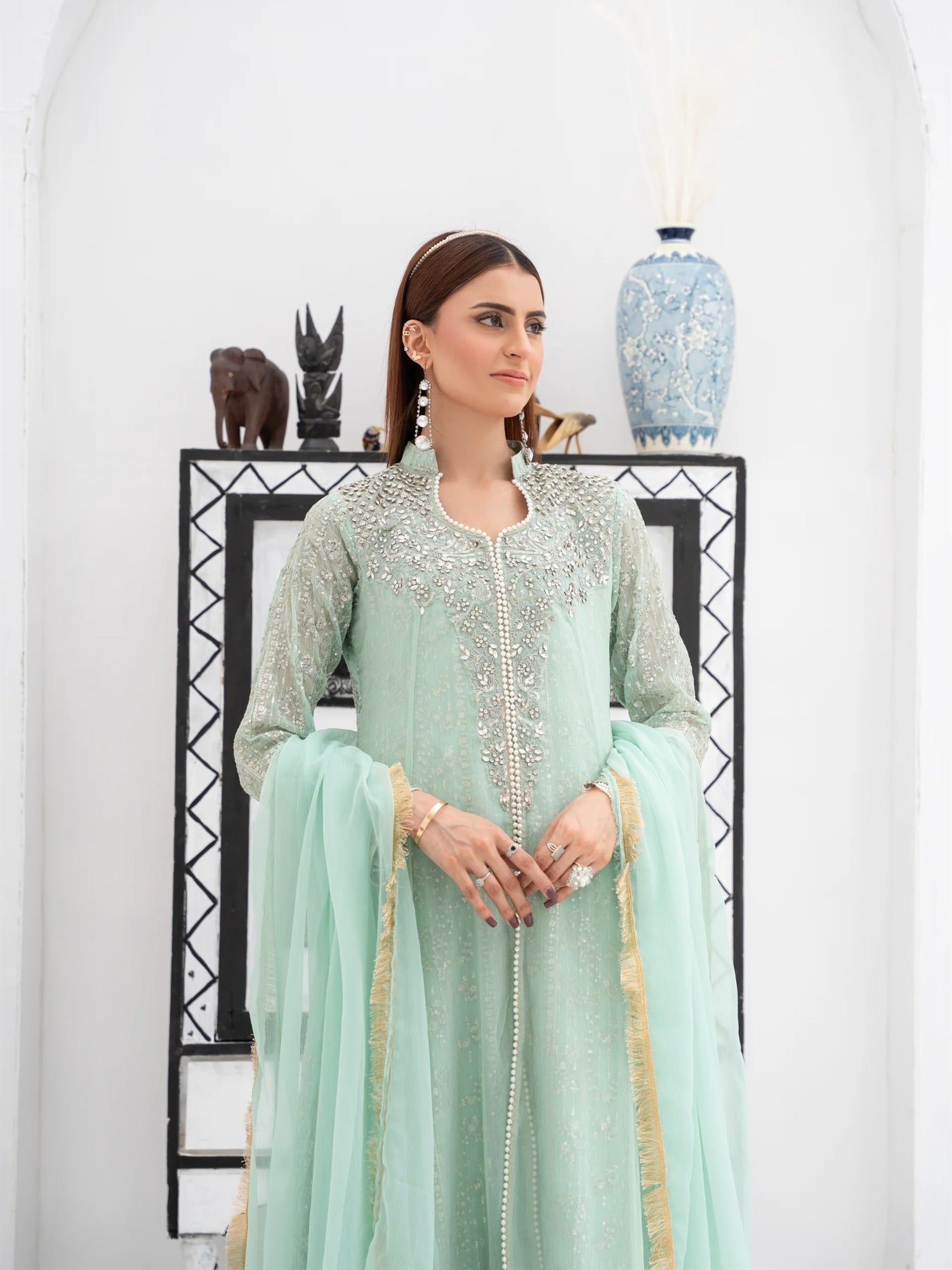 Green Manahil Arts Chiffon Embellished Stitched 3-Piece Suit-SW 04-Pastel Green