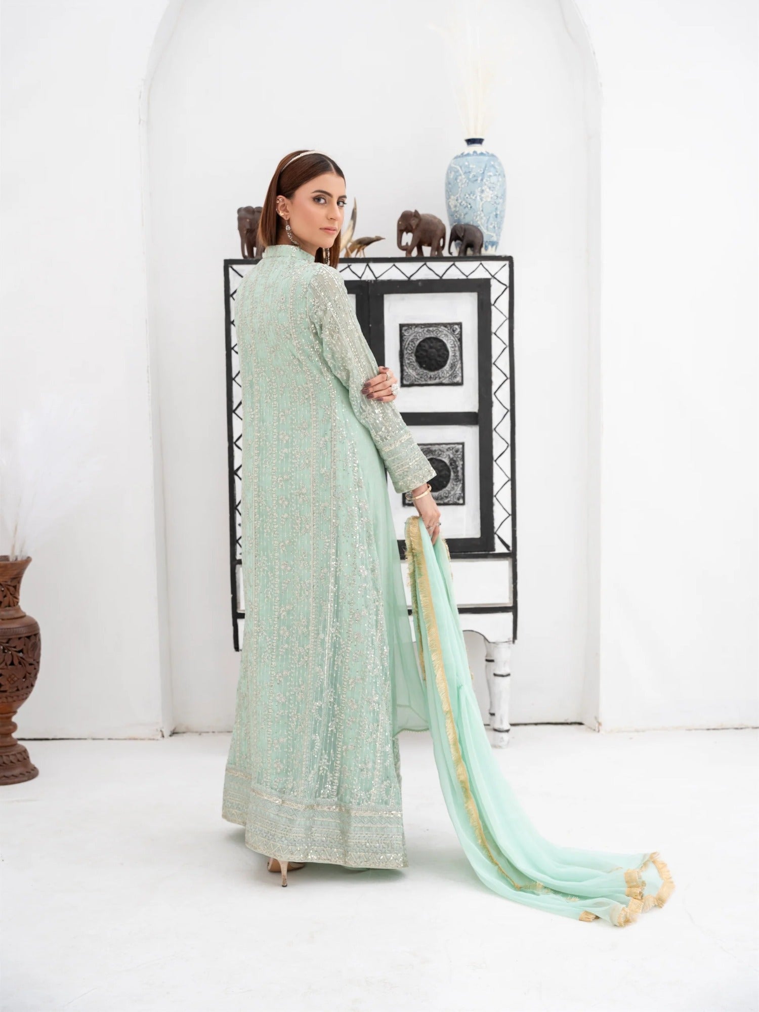 Green Manahil Arts Chiffon Embellished Stitched 3-Piece Suit-SW 04-Pastel Green