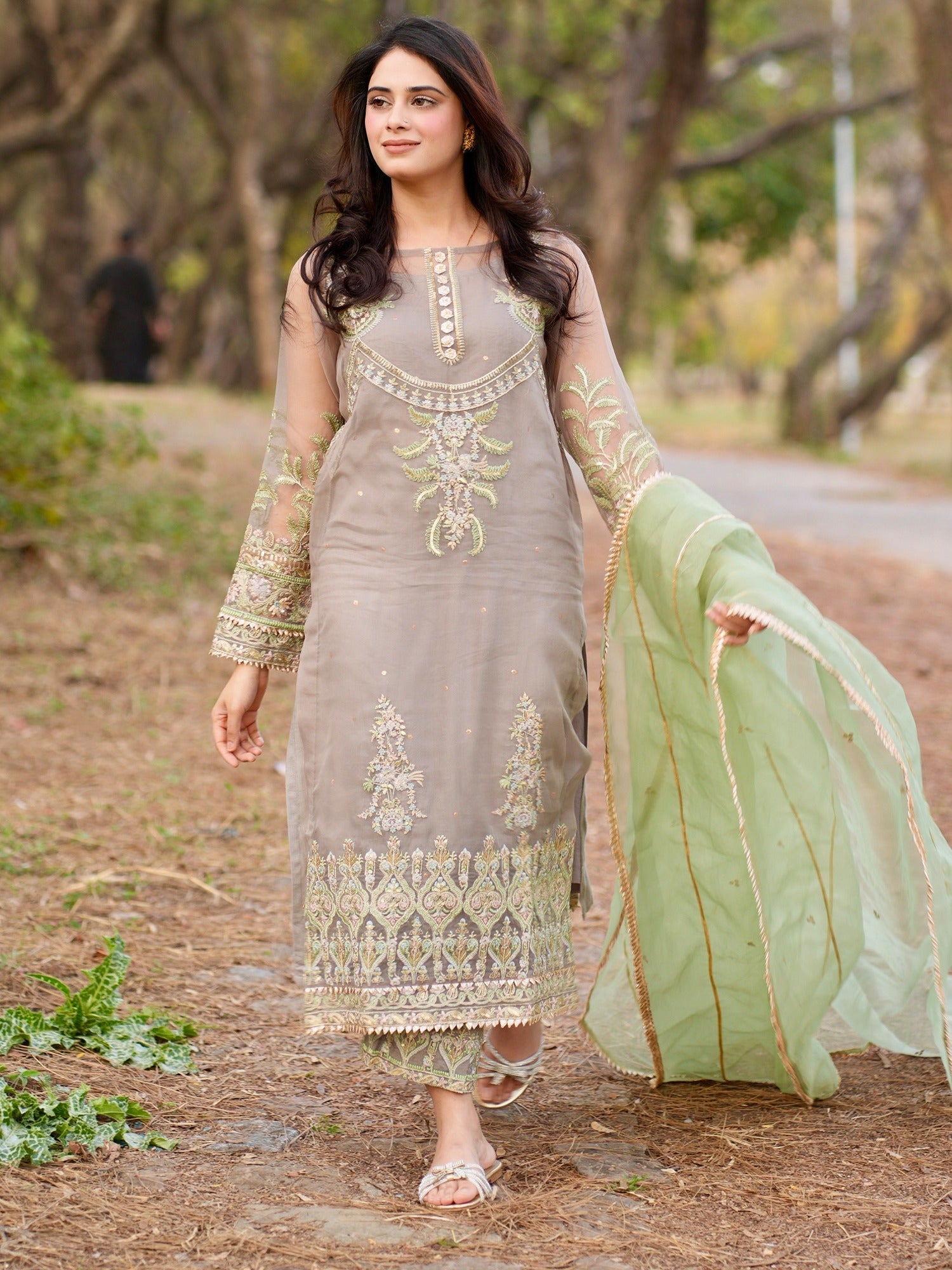 Grey- HEM Organza Embellished Stitched 4-Piece Suit-Rhea