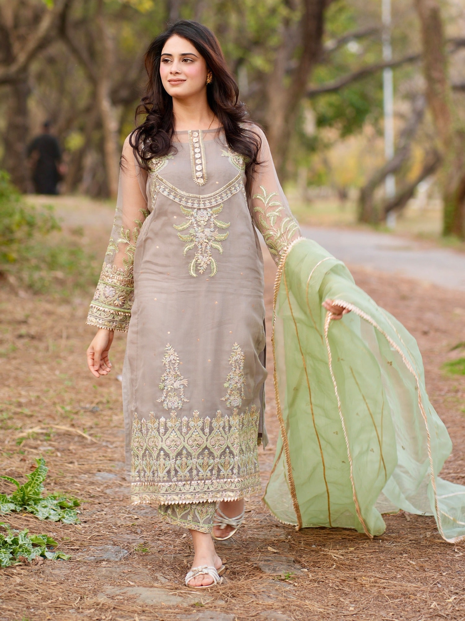 Grey- HEM Organza Embellished Stitched 4-Piece Suit-Rhea