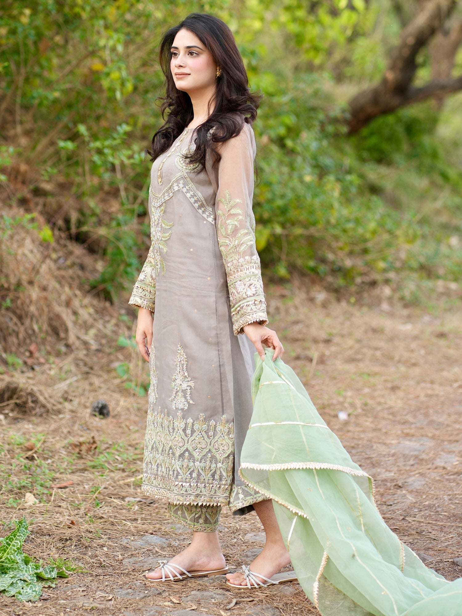 Grey- HEM Organza Embellished Stitched 4-Piece Suit-Rhea