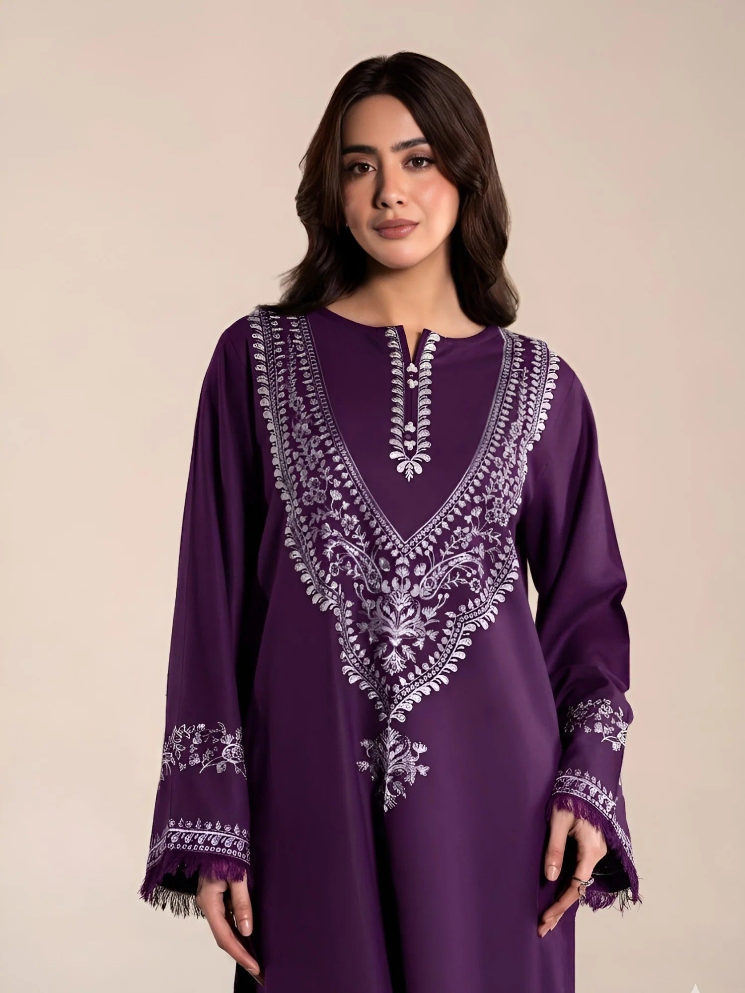 Silai Libas Linen Embroidered Stitched 2-Piece Suit-Purple Luxe