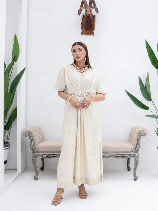 Manahil Arts Chiffon Embroidered Kaftan Set-WA 03-Off White