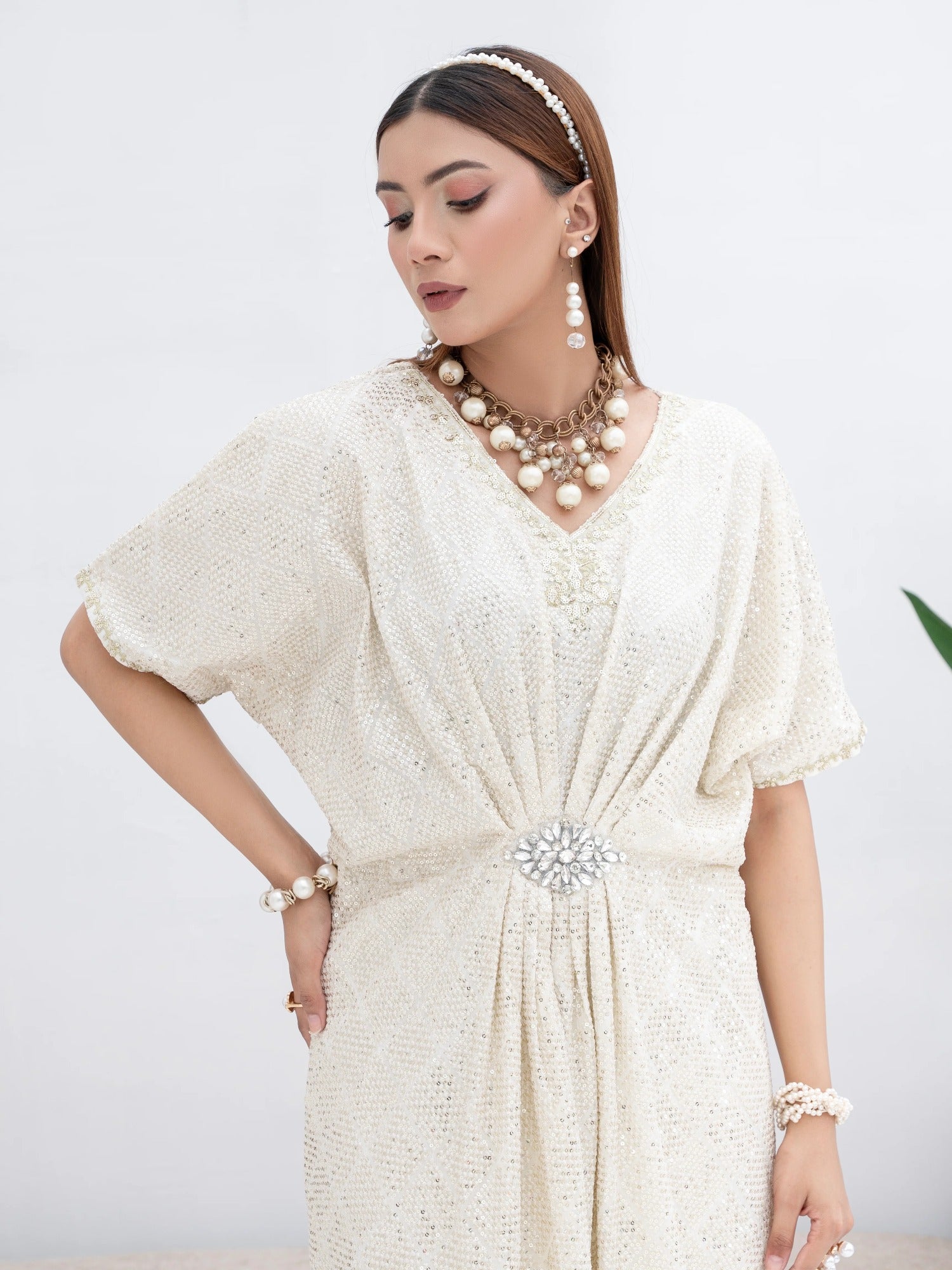 Manahil Arts Chiffon Embroidered Kaftan Set-WA 03-Off White