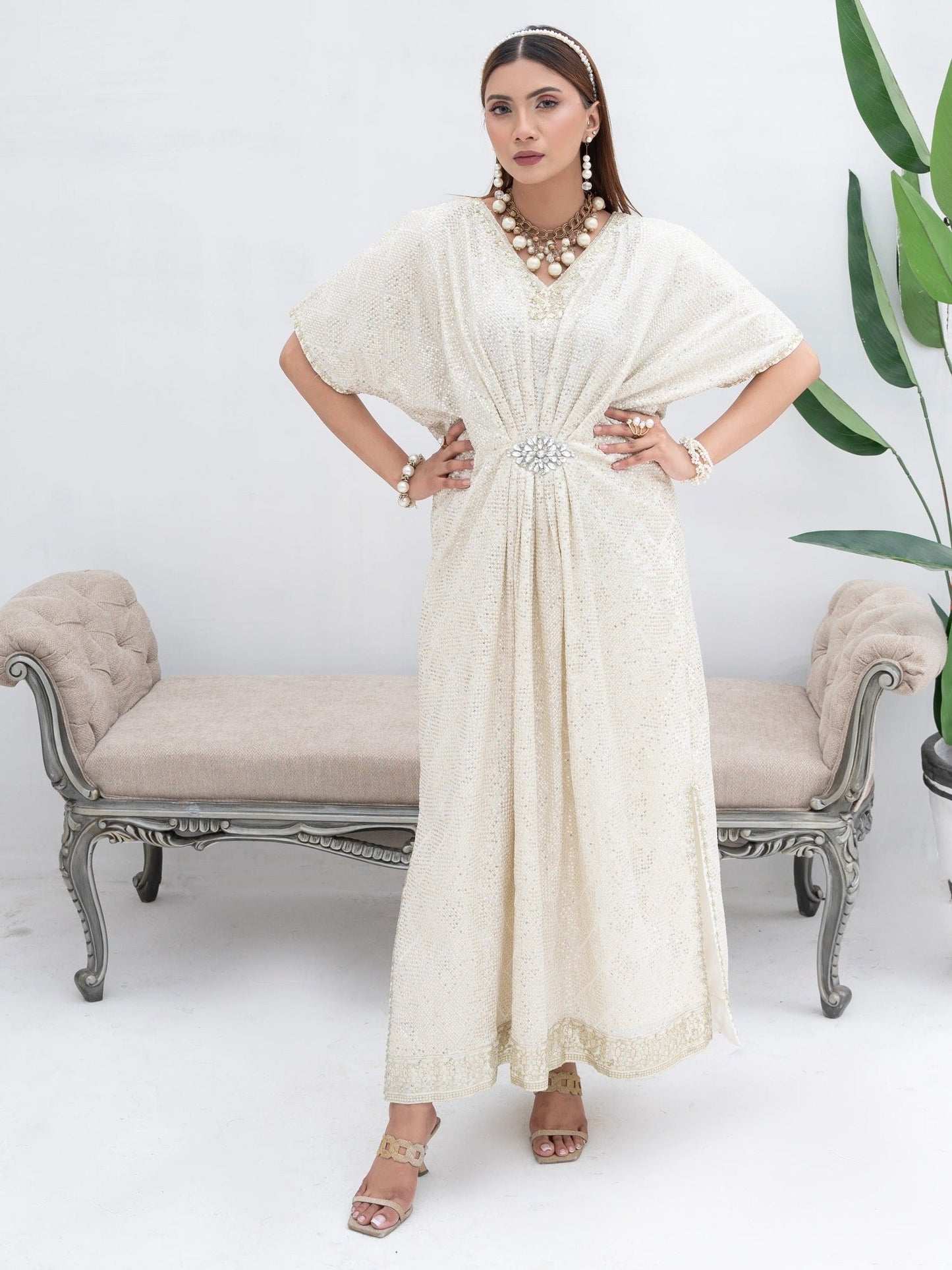 Manahil Arts Chiffon Embroidered Kaftan Set-WA 03-Off White