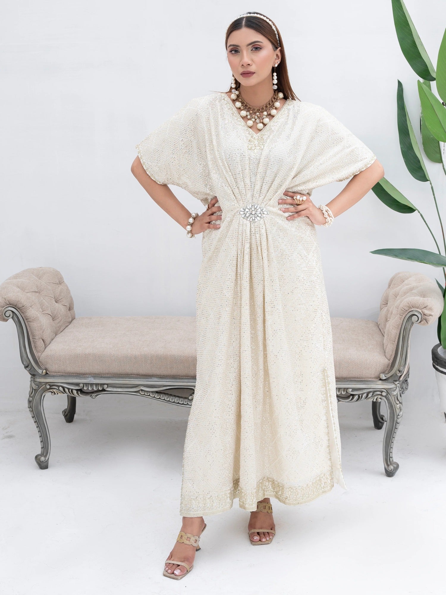 Manahil Arts Chiffon Embroidered Kaftan Set-WA 03-Off White