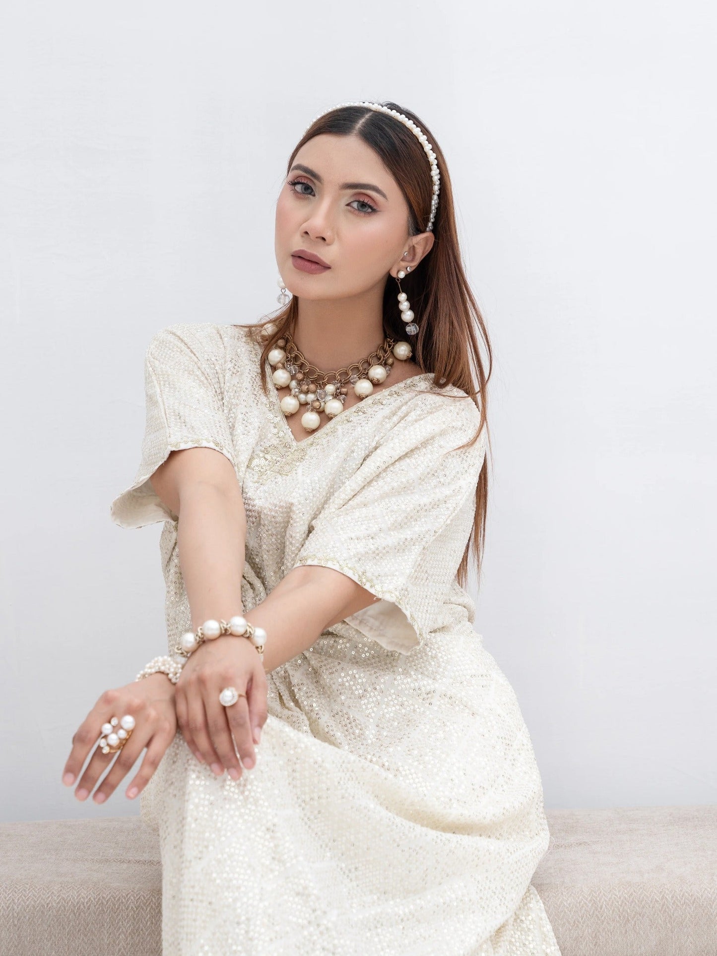 Manahil Arts Chiffon Embroidered Kaftan Set-WA 03-Off White