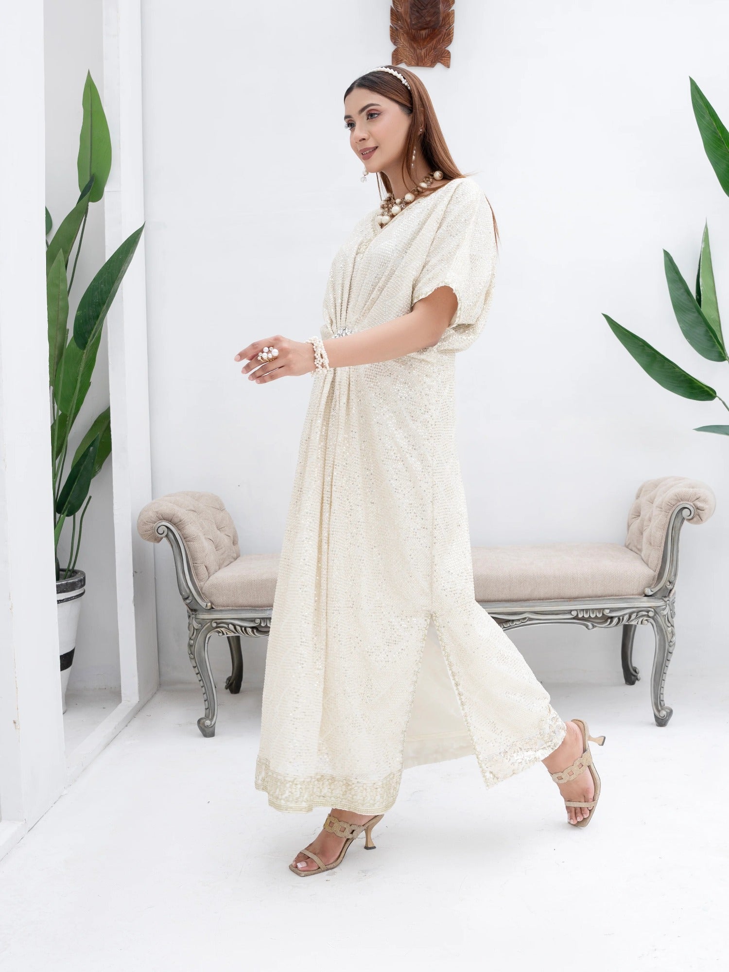 Manahil Arts Chiffon Embroidered Kaftan Set-WA 03-Off White