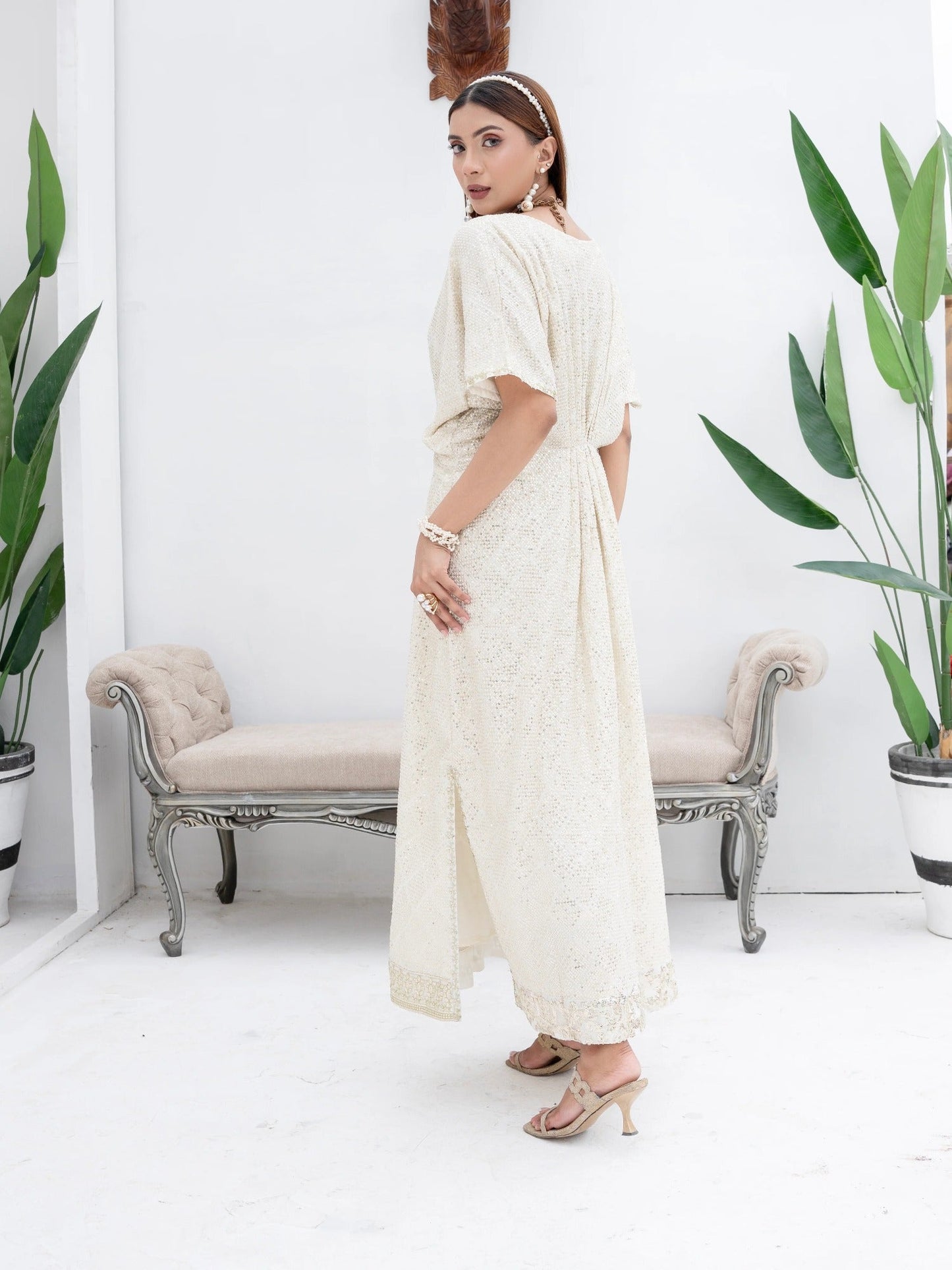 Manahil Arts Chiffon Embroidered Kaftan Set-WA 03-Off White