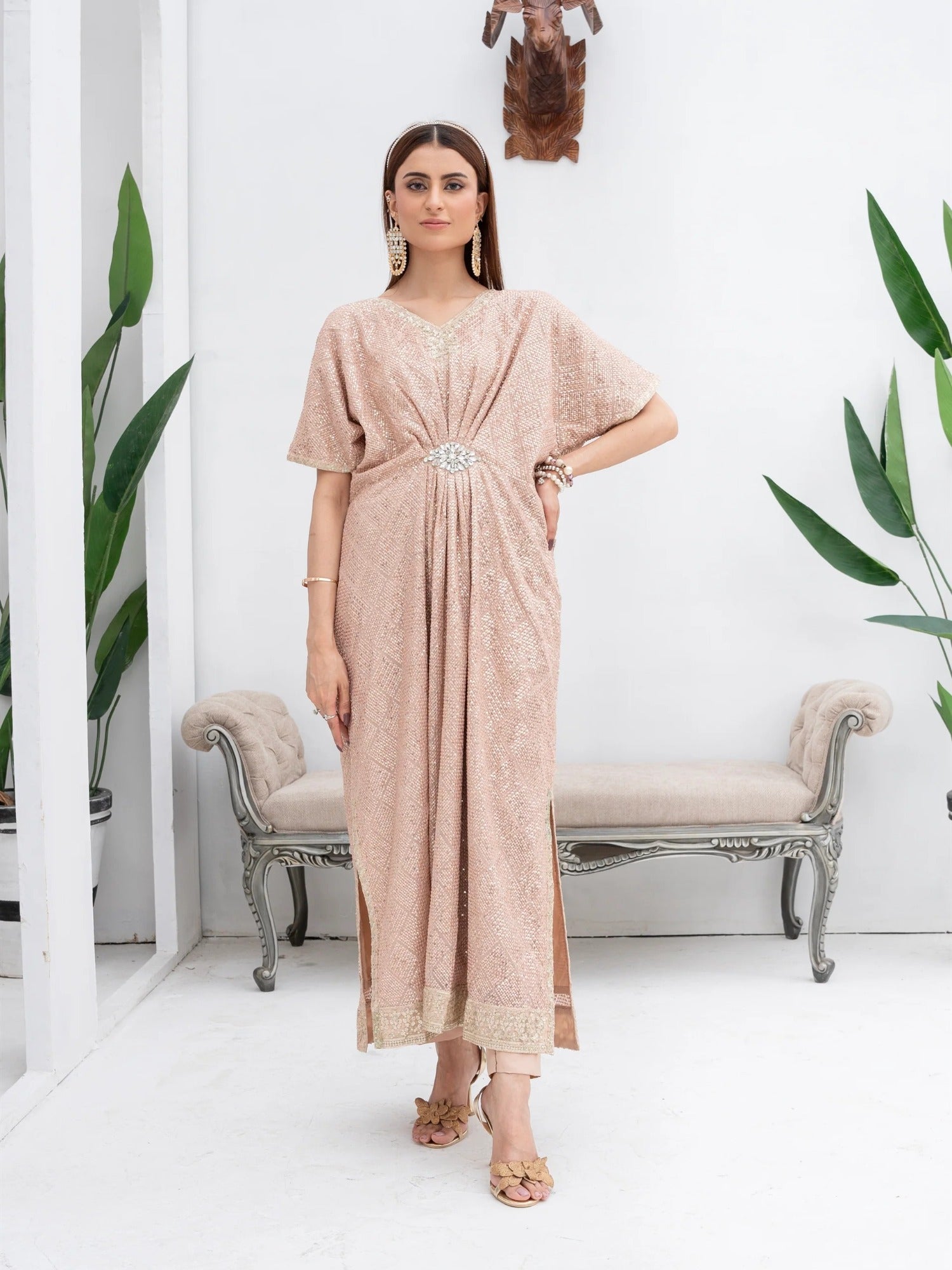 Peach Manahil Arts Chiffon Embroidered Kaftan Set-WA 03-Peach