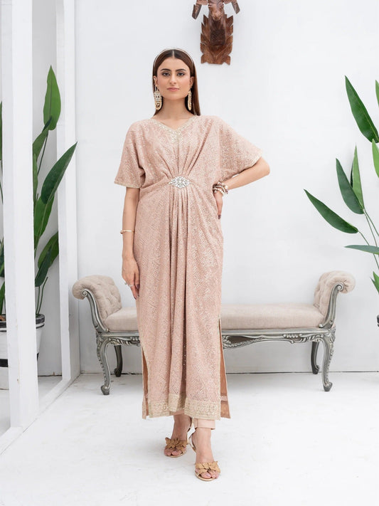 Peach Manahil Arts Chiffon Embroidered Kaftan Set-WA 03-Peach