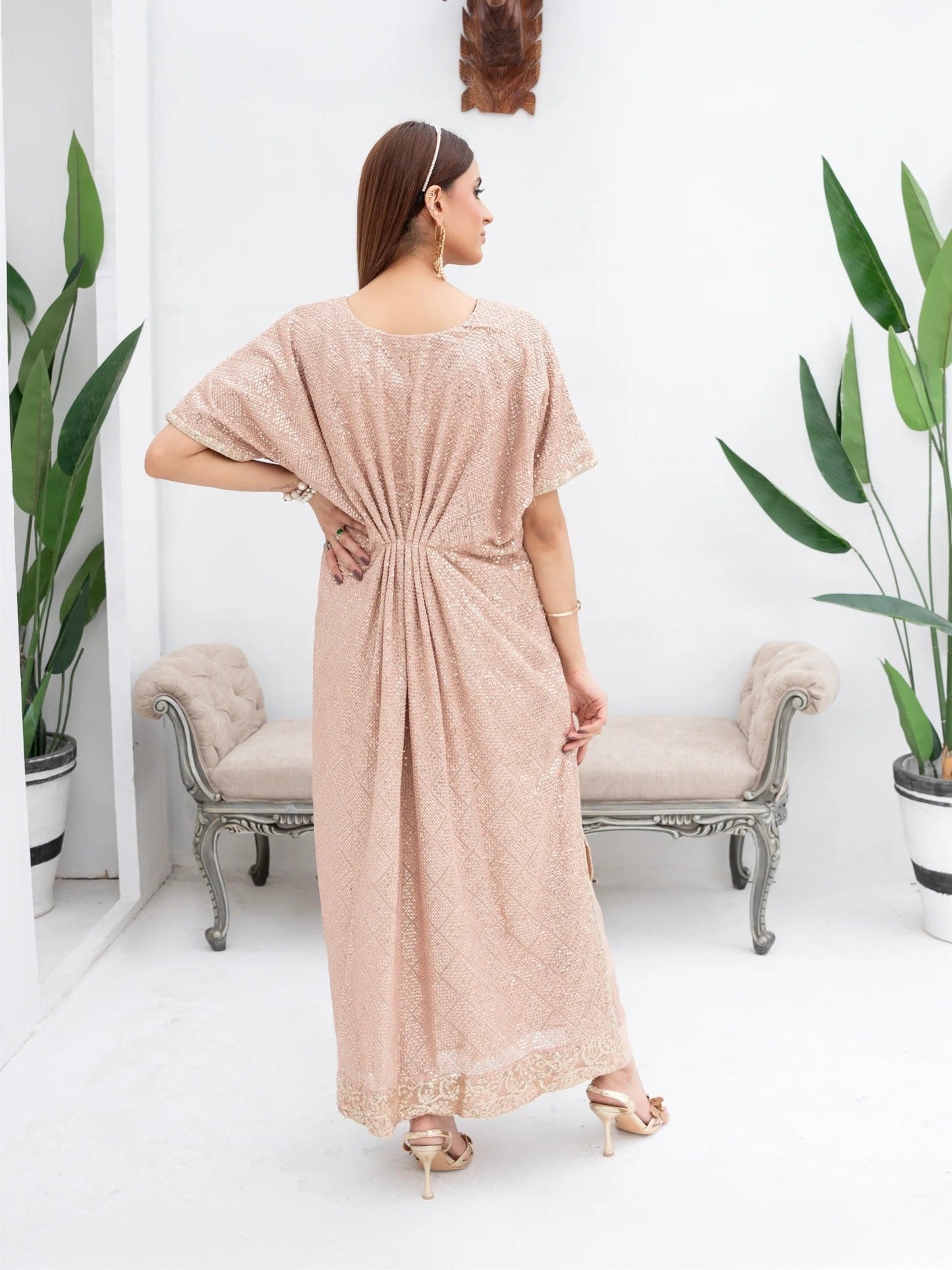 Peach Manahil Arts Chiffon Embroidered Kaftan Set-WA 03-Peach