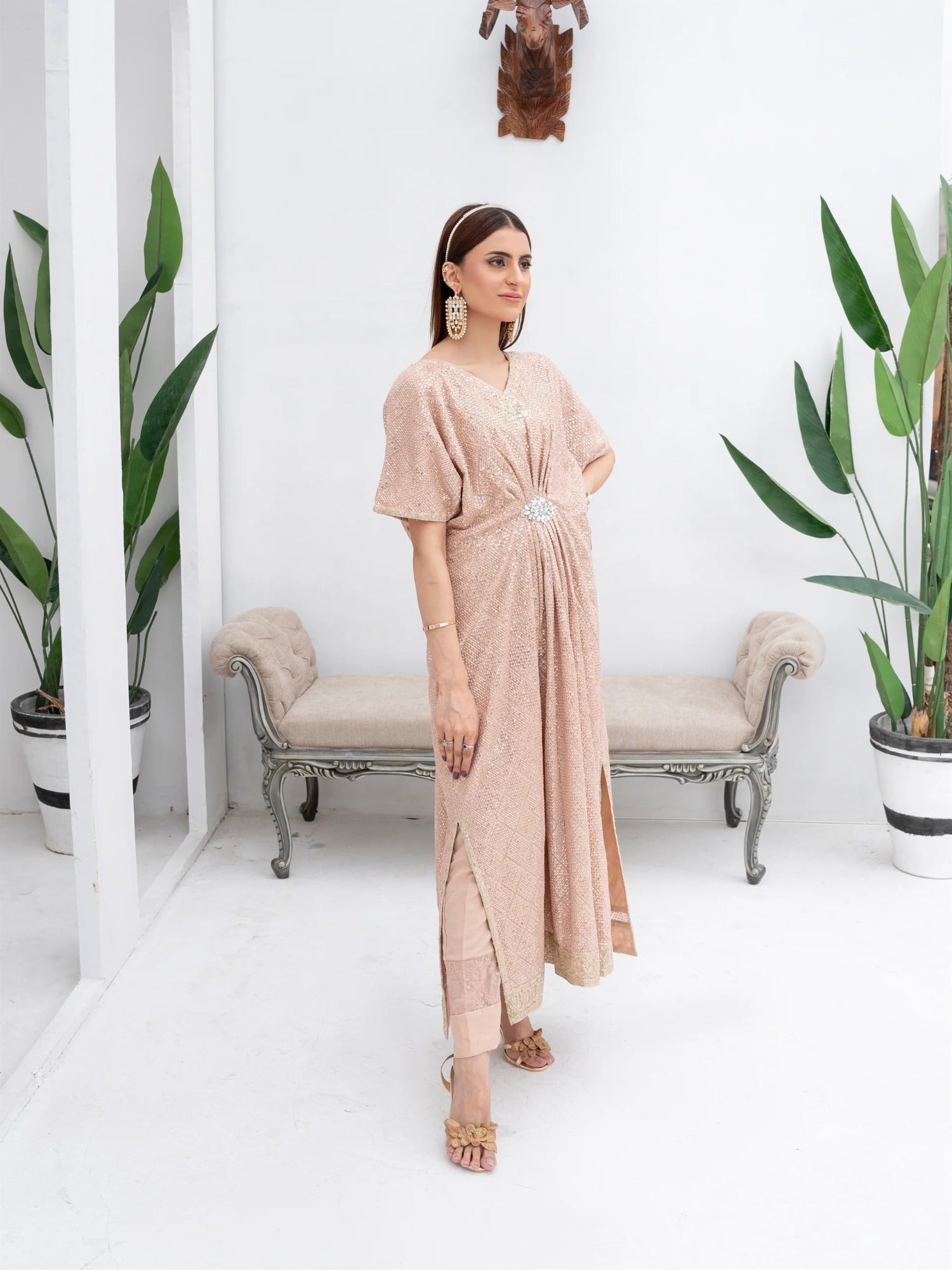 Peach Manahil Arts Chiffon Embroidered Kaftan Set-WA 03-Peach