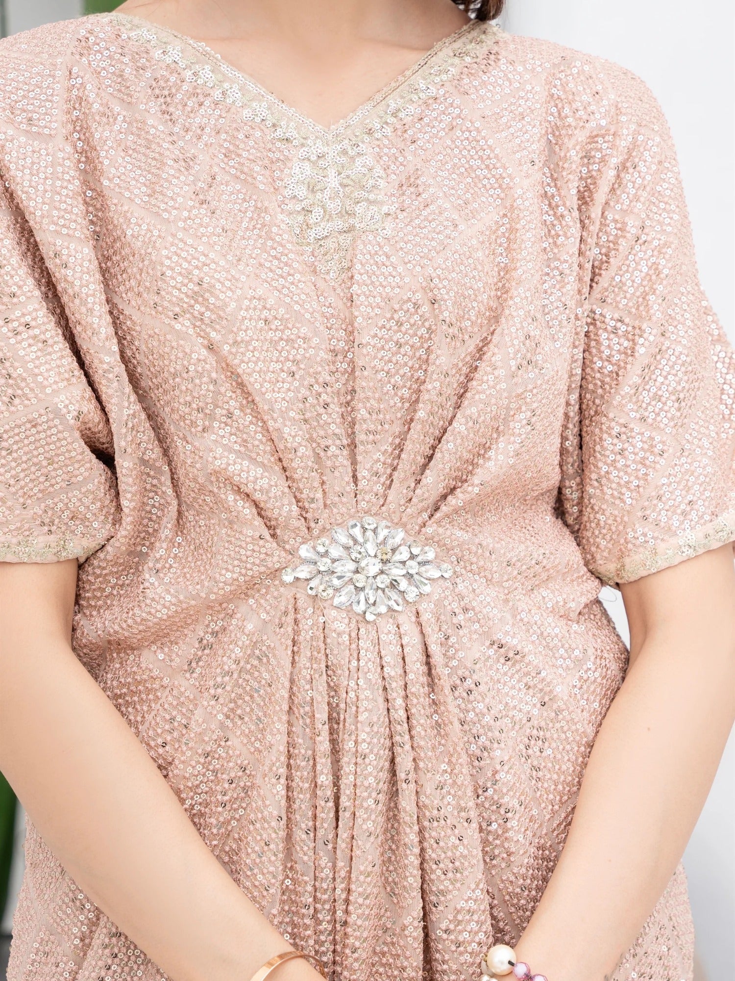 Peach Manahil Arts Chiffon Embroidered Kaftan Set-WA 03-Peach
