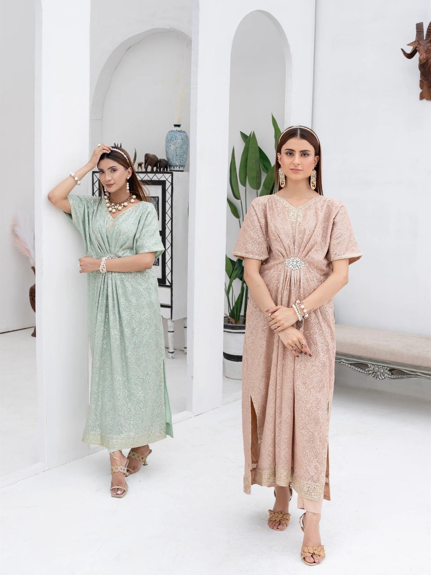 Peach Manahil Arts Chiffon Embroidered Kaftan Set-WA 03-Peach
