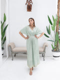 Green Manahil Arts Chiffon Embroidered Kaftan Set-WA 03-Pastel Green