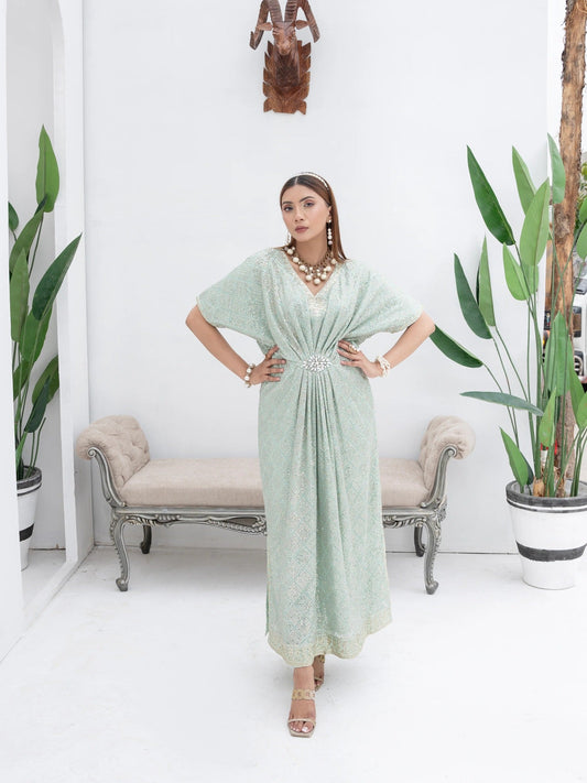 Green Manahil Arts Chiffon Embroidered Kaftan Set-WA 03-Pastel Green
