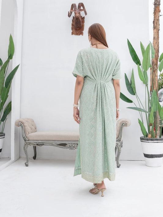 Green Manahil Arts Chiffon Embroidered Kaftan Set-WA 03-Pastel Green