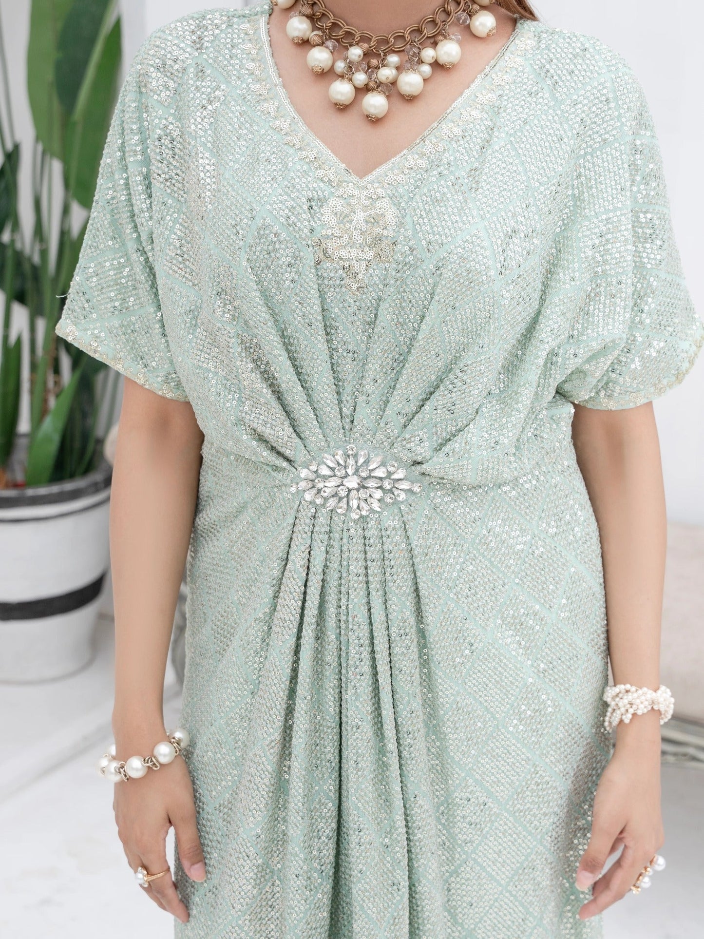 Green Manahil Arts Chiffon Embroidered Kaftan Set-WA 03-Pastel Green