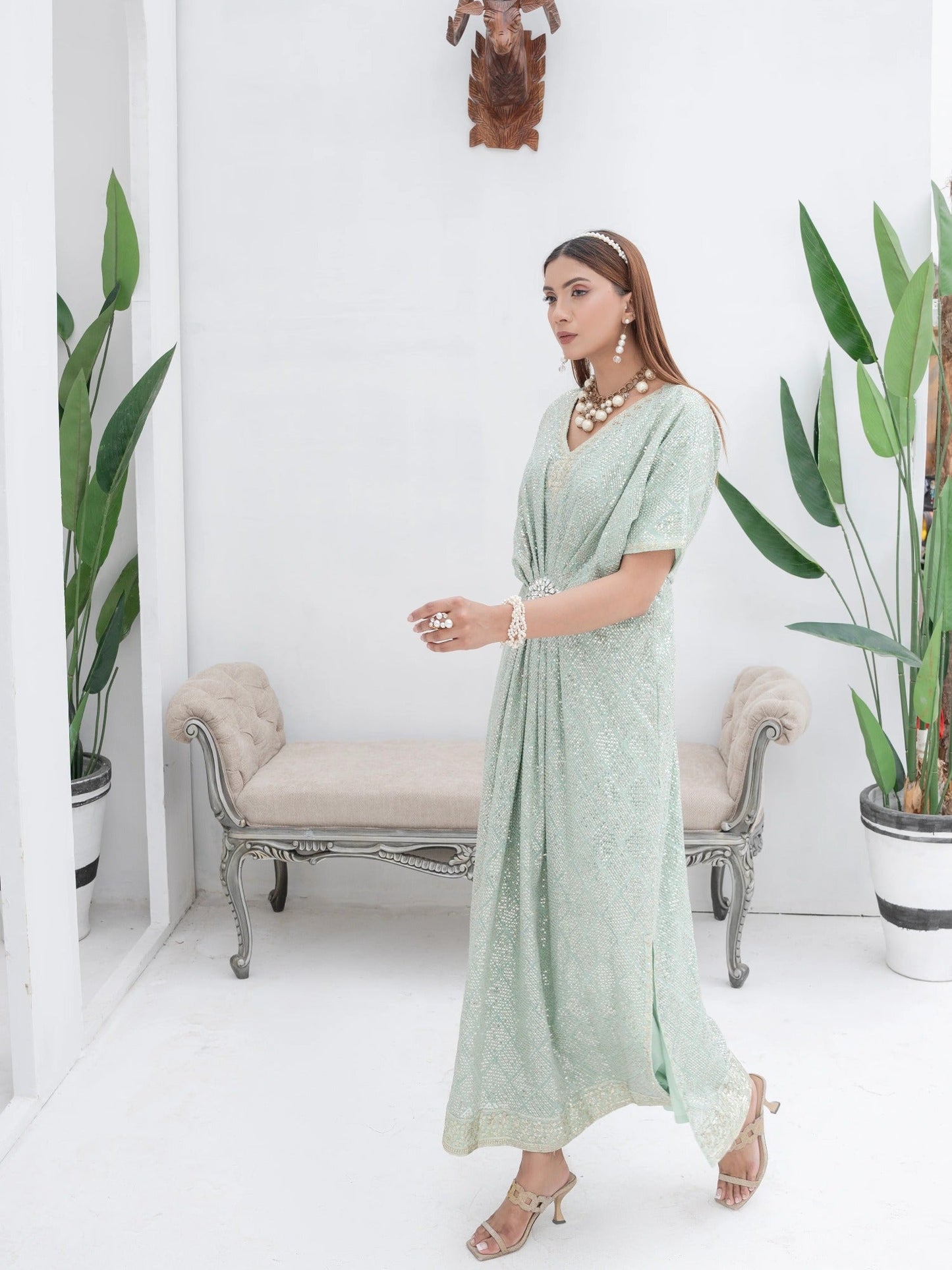 Green Manahil Arts Chiffon Embroidered Kaftan Set-WA 03-Pastel Green