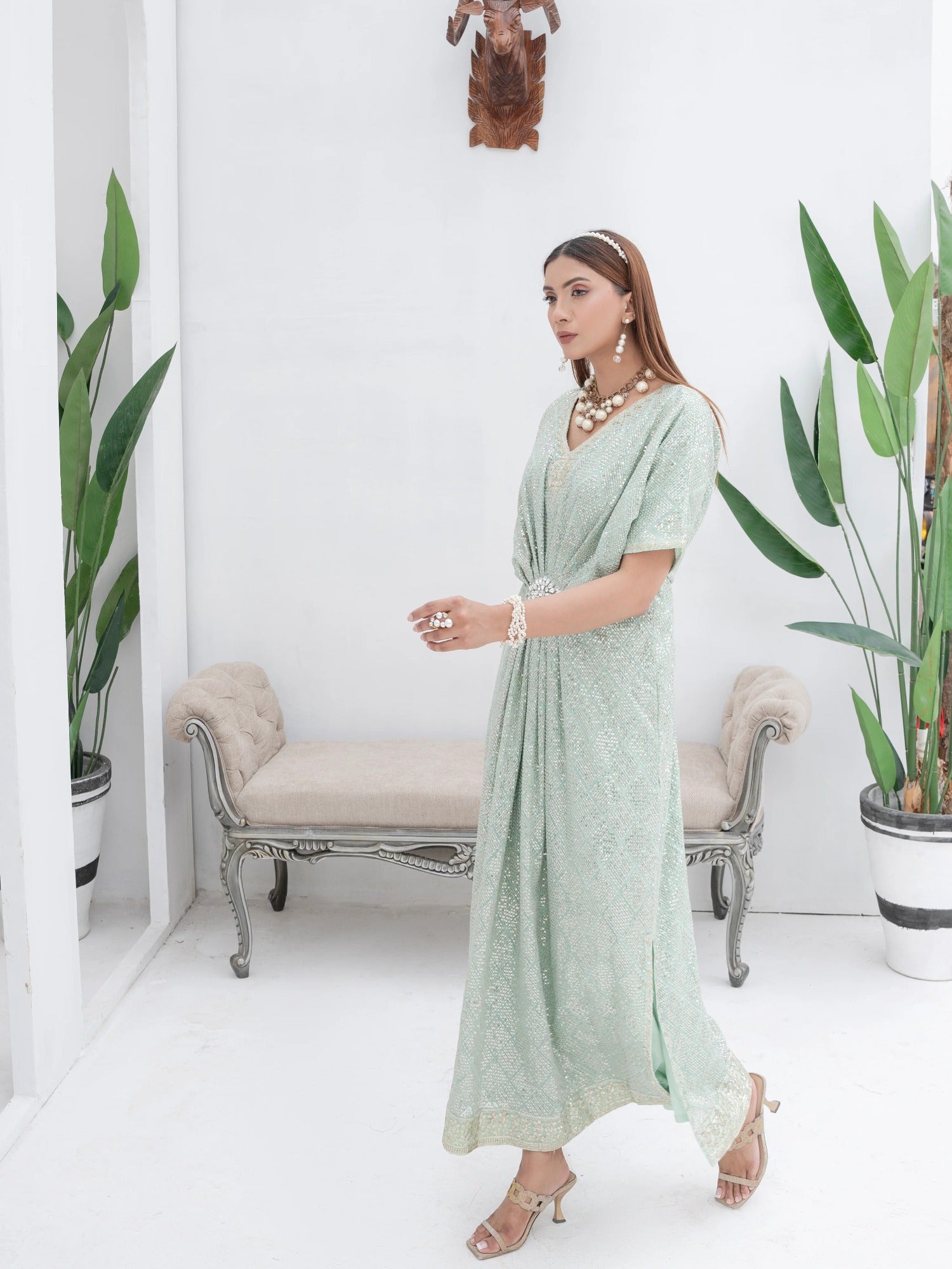 Green Manahil Arts Chiffon Embroidered Kaftan Set-WA 03-Pastel Green