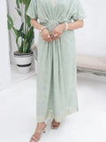Green Manahil Arts Chiffon Embroidered Kaftan Set-WA 03-Pastel Green