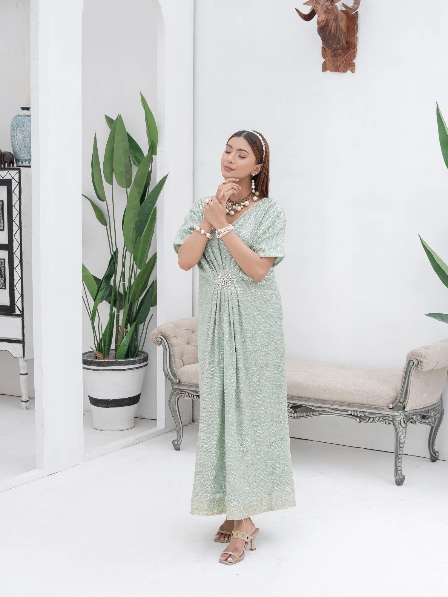 Green Manahil Arts Chiffon Embroidered Kaftan Set-WA 03-Pastel Green