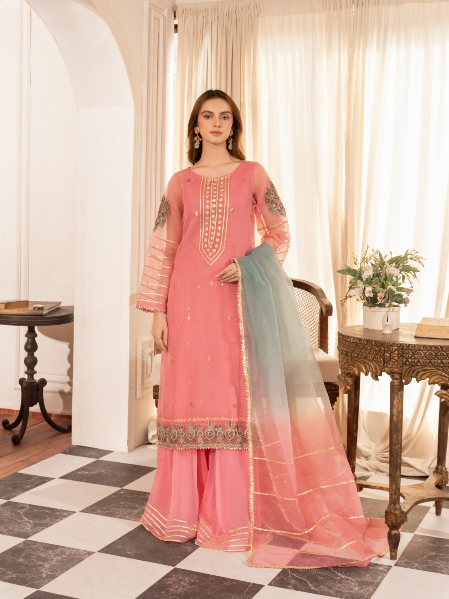 Pink-HEM Organza Embroidered Sharara-Hania