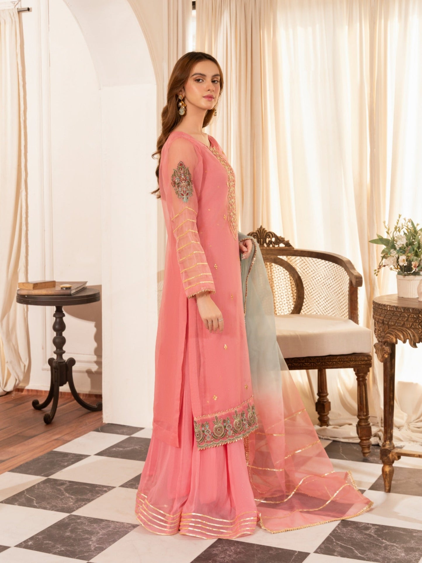 Pink-HEM Organza Embroidered Sharara-Hania