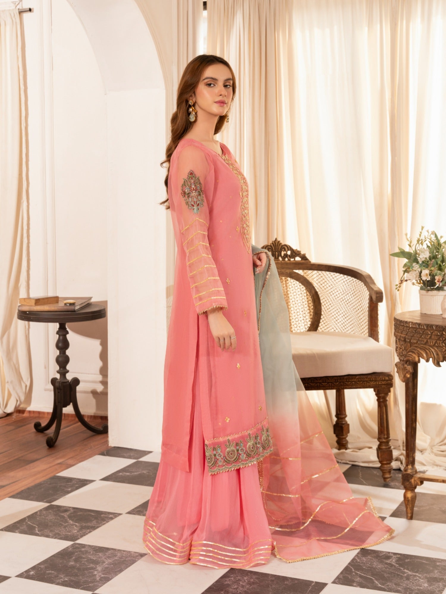 Pink-HEM Organza Embroidered Sharara-Hania