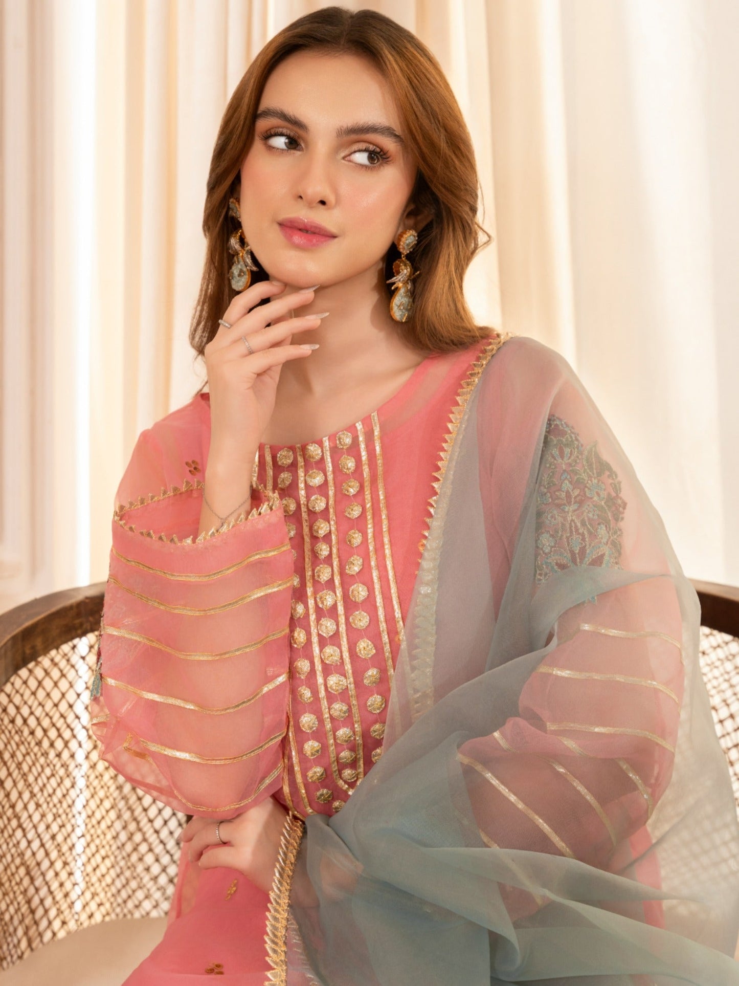 Pink-HEM Organza Embroidered Sharara-Hania