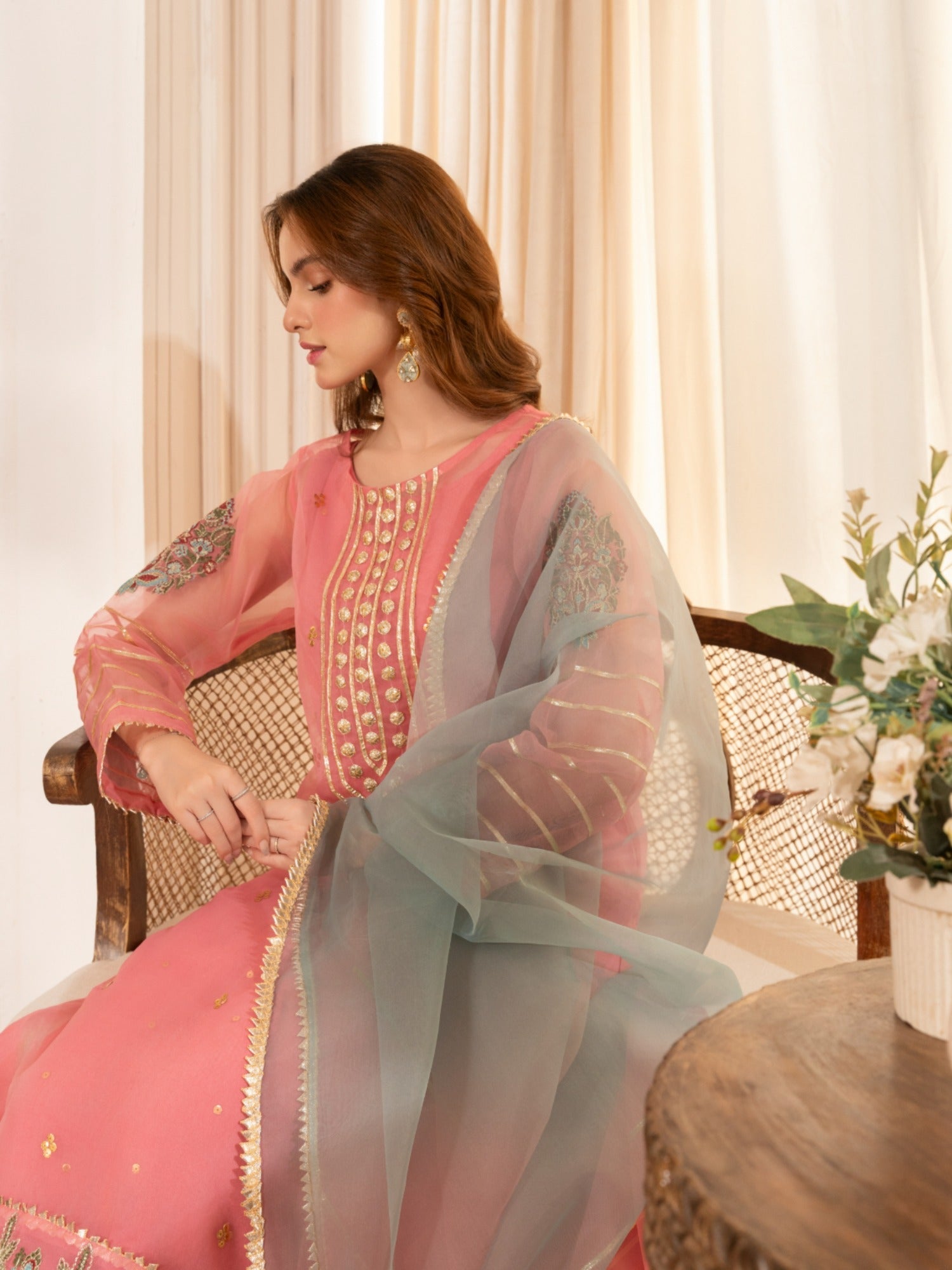 Pink-HEM Organza Embroidered Sharara-Hania