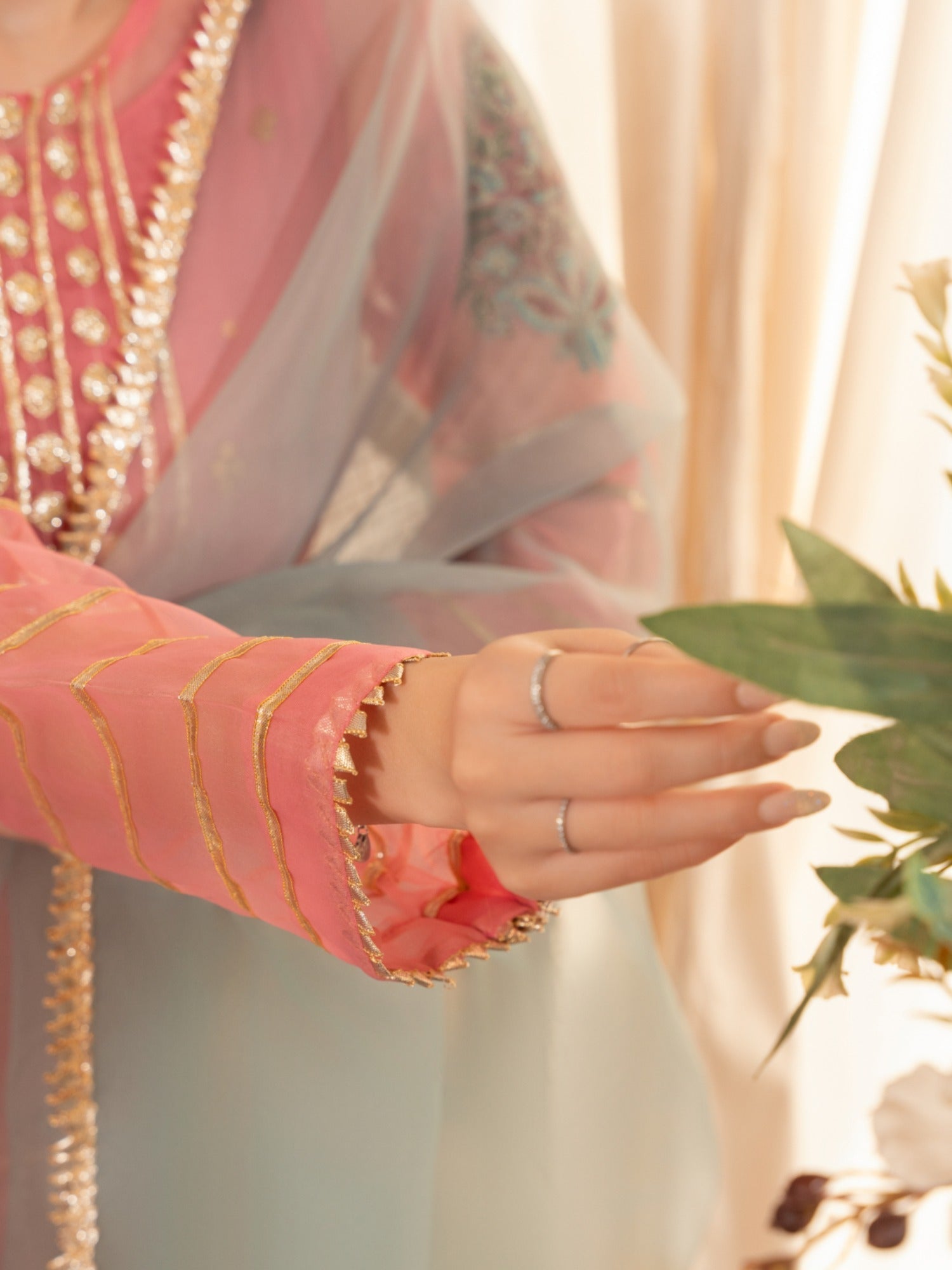 Pink-HEM Organza Embroidered Sharara-Hania