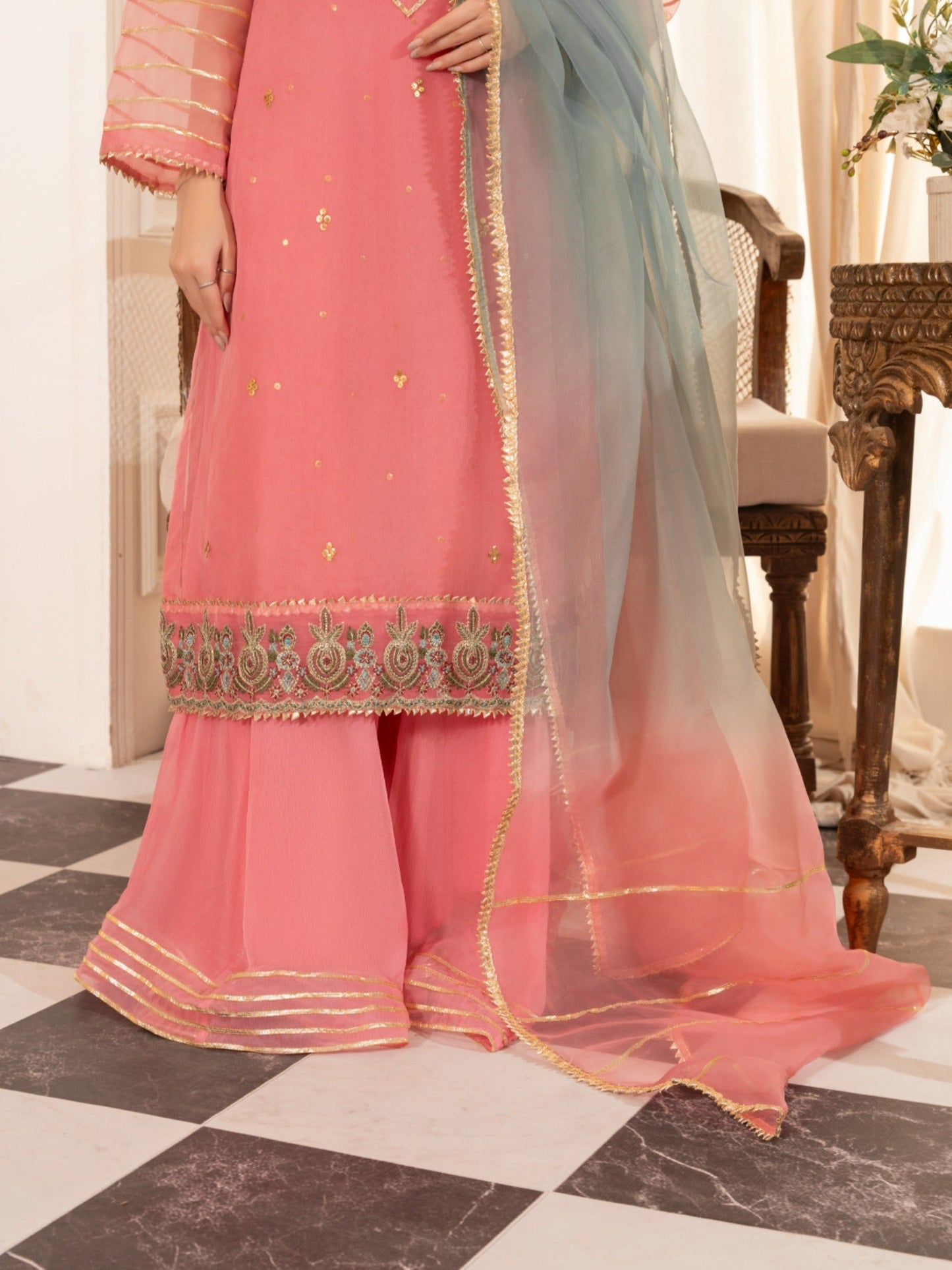 Pink-HEM Organza Embroidered Sharara-Hania