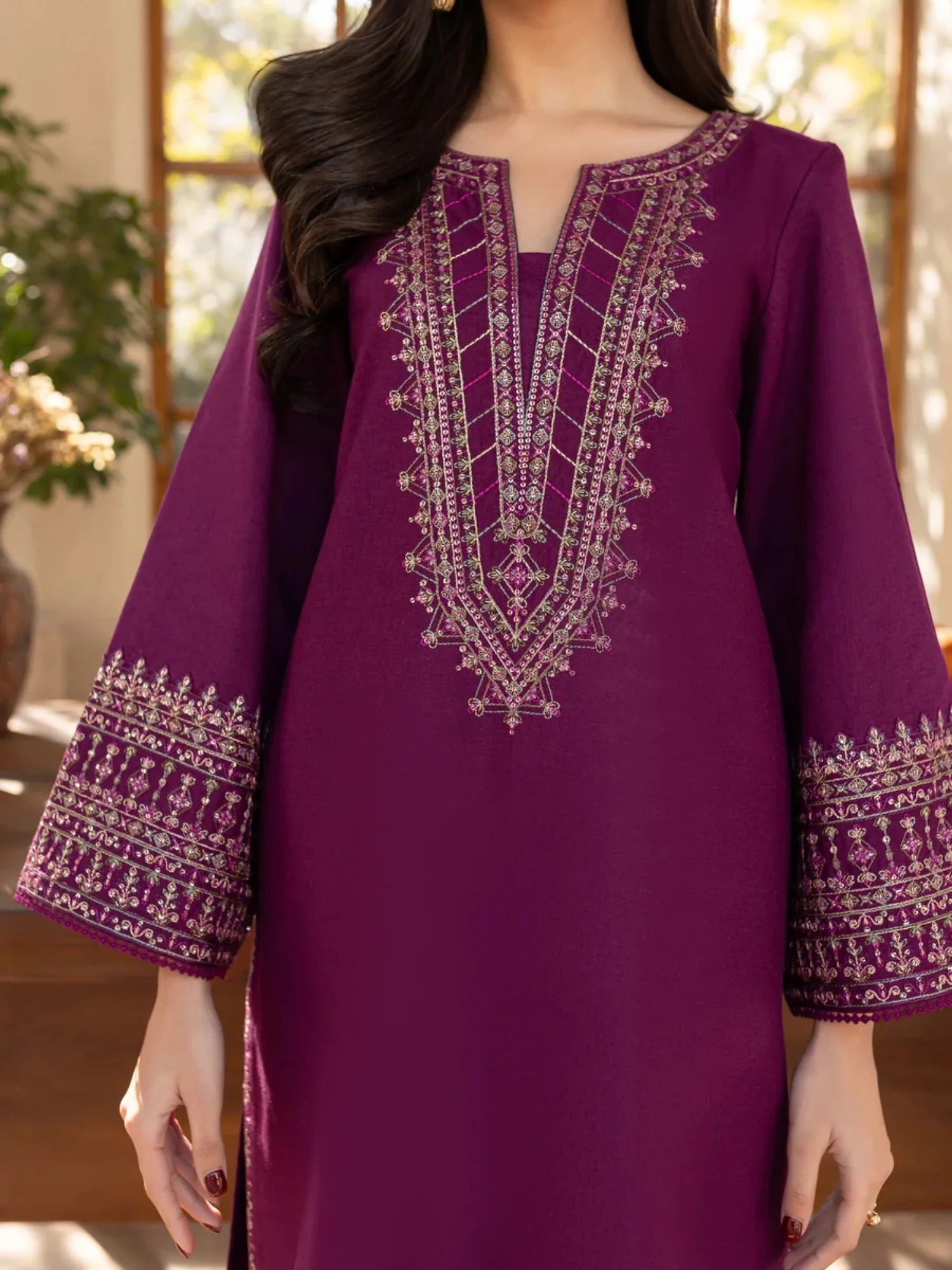 Purple- Silai Libas Linen Embroidered Kurta Set-Purple Iris